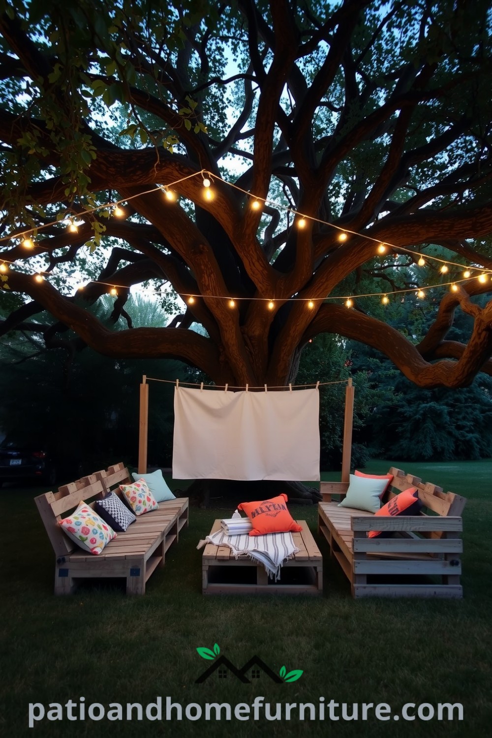 Backyard cinema setup under an oak tree, featuring a screen hung between posts, weathered wooden pallets for seating, colorful cushions, and warm fairy lights, offering cozy ideas for outdoor movie nights. Visit fireplacesandwoodstoves.com for more cozy home decor inspirations.