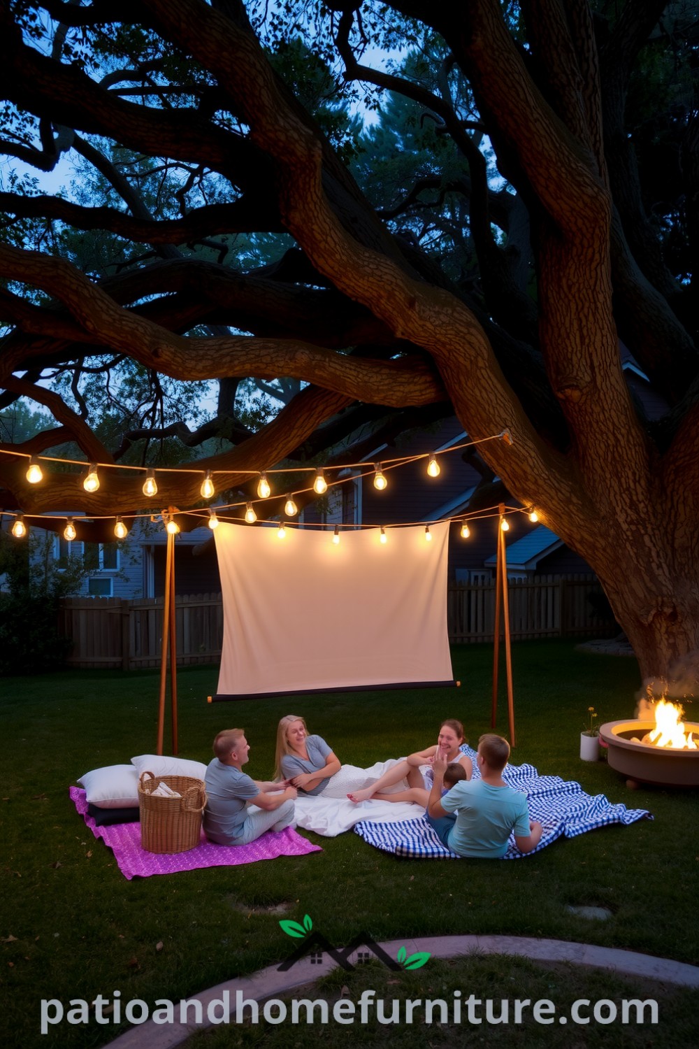 Cozy backyard cinema setup under an oak tree with string lights, a makeshift screen, blankets, cushions, and a fire pit, offering unique ideas for a charming outdoor movie night, perfect for building connection and cozy memories, featured on fireplacesandwoodstoves.com.