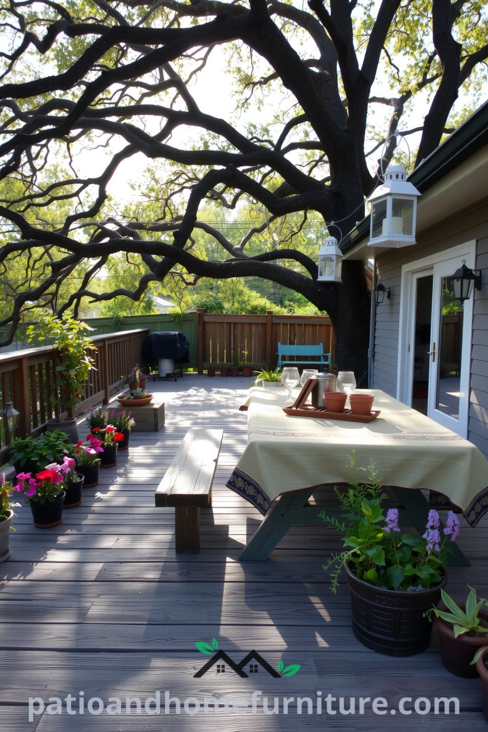Cozy backyard oasis with a weathered wooden deck surrounded by vibrant flower pots and wild herbs, featuring a rustic picnic table and lanterns for evening ambiance, offering unique ideas and inspirations for your home at fireplacesandwoodstoves.com.