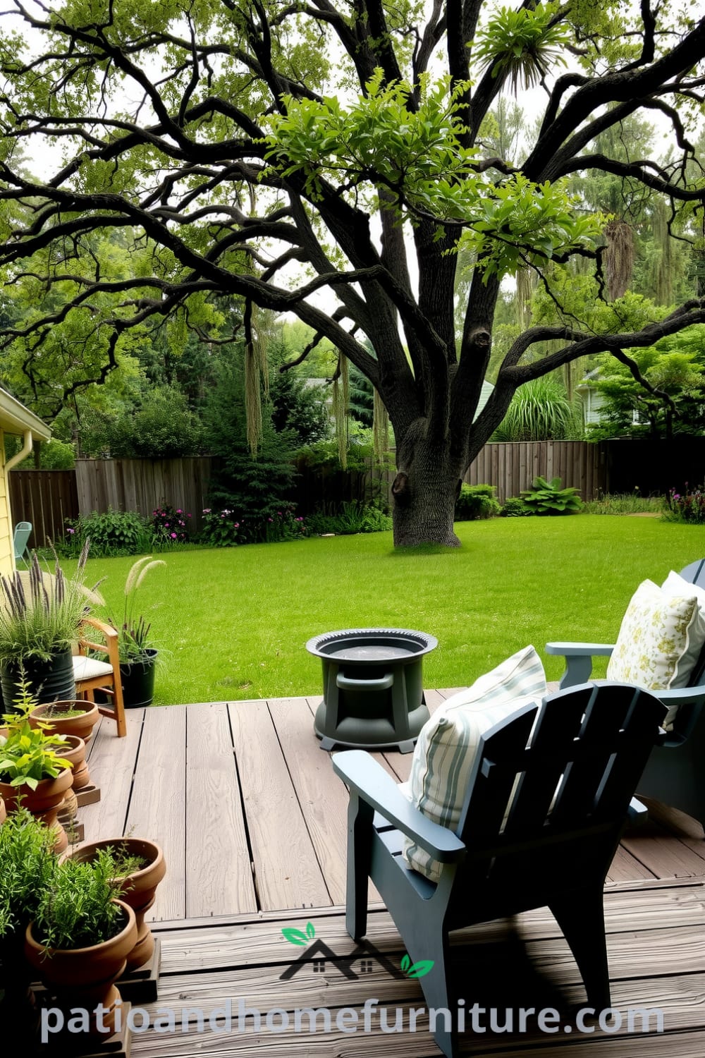 Charming backyard with a weathered wooden deck, potted herbs, a metal fire pit surrounded by mismatched chairs, lush grass and wildflowers, enhanced by a towering oak tree, creating cozy decor inspirations for your home at fireplacesandwoodstoves.com.