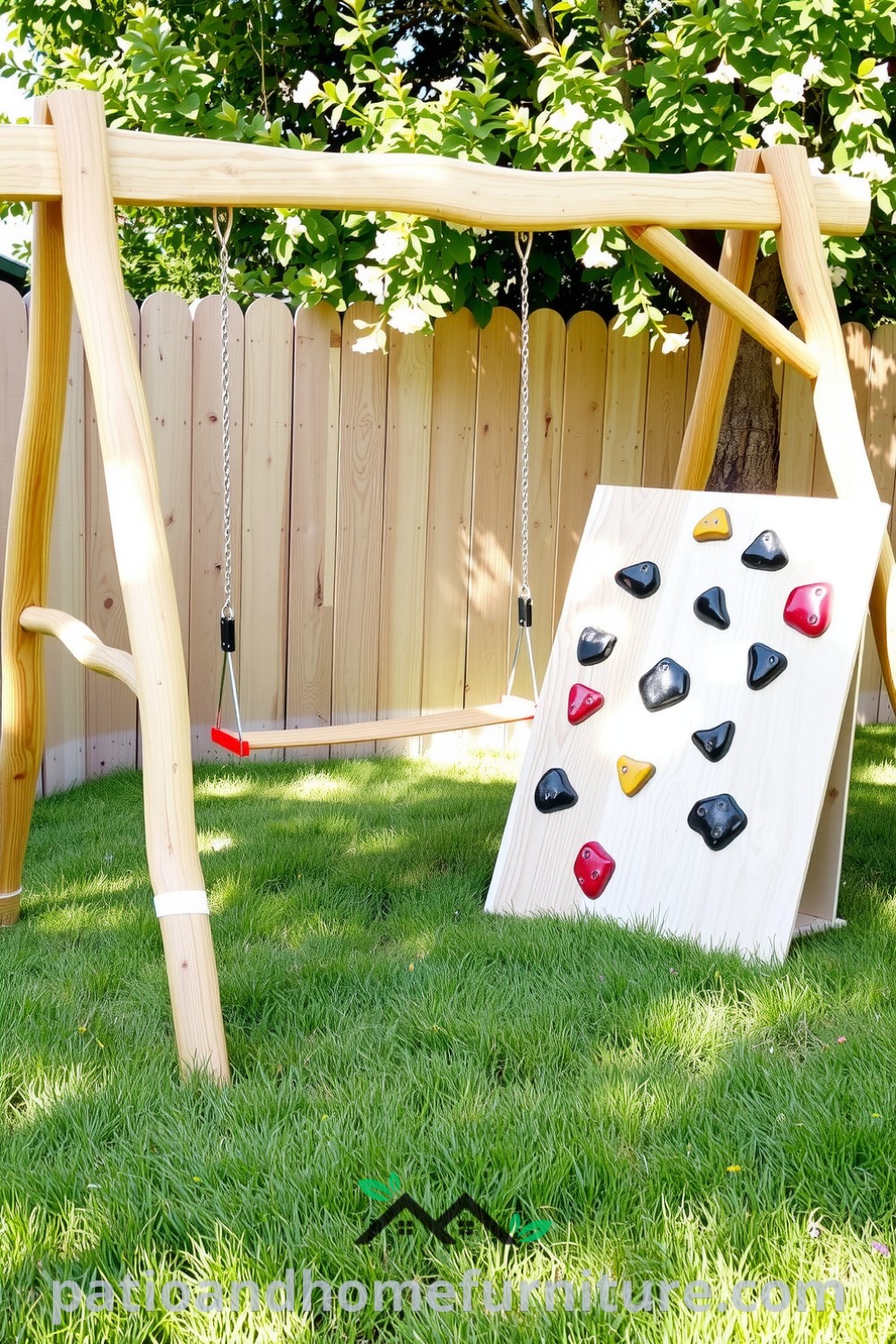 A vibrant DIY playground in a sunlit backyard featuring a wooden swing set with colorful swings, a textured climbing wall with hand-painted rocks, and lush grass dotted with wildflowers, offering inspiring ideas for cozy outdoor decor at fireplacesandwoodstoves.com.