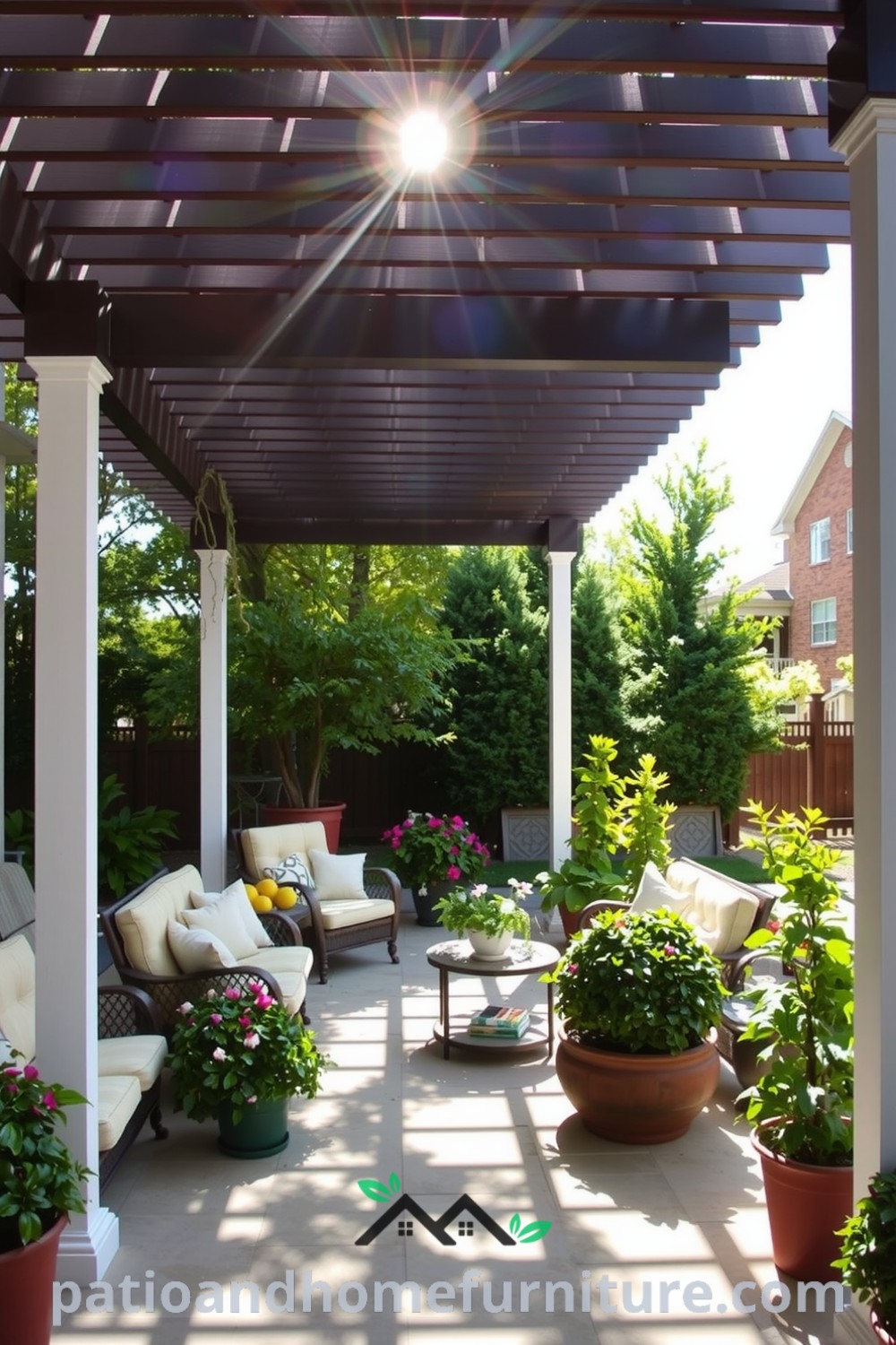 Cozy outdoor lounge with a vinyl pergola, comfortable seating adorned with soft cushions, lush potted plants, and dappled sunlight on the stone patio, creating an inviting sanctuary perfect for gatherings, showcased on fireplacesandwoodstoves.com.
