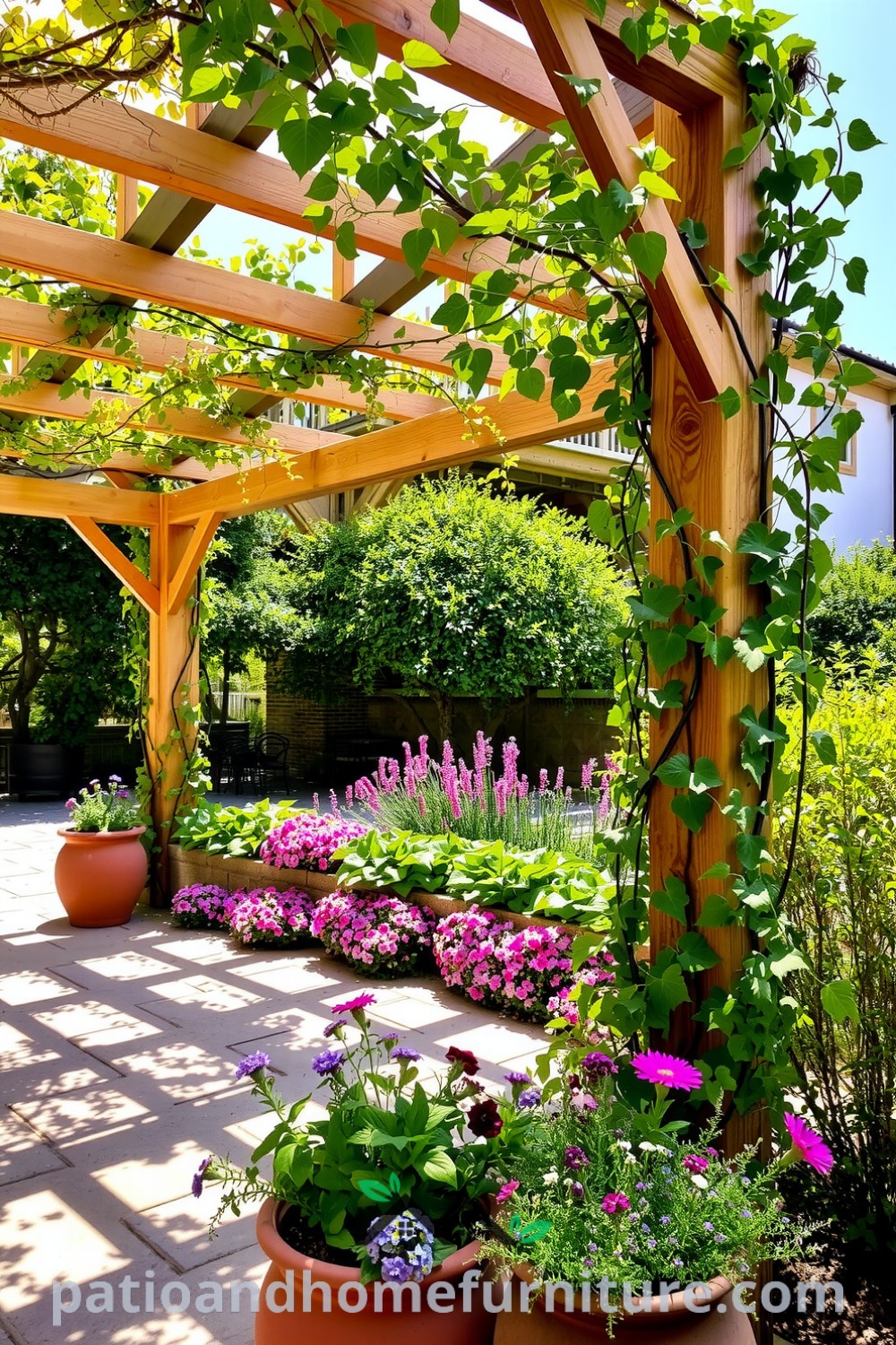 A cozy outdoor retreat featuring a floral wooden pergola entwined with climbing vines, dappled shadows on a stone patio, and terracotta pots overflowing with vibrant wildflowers, showcasing unique decor ideas for your home at fireplacesandwoodstoves.com.