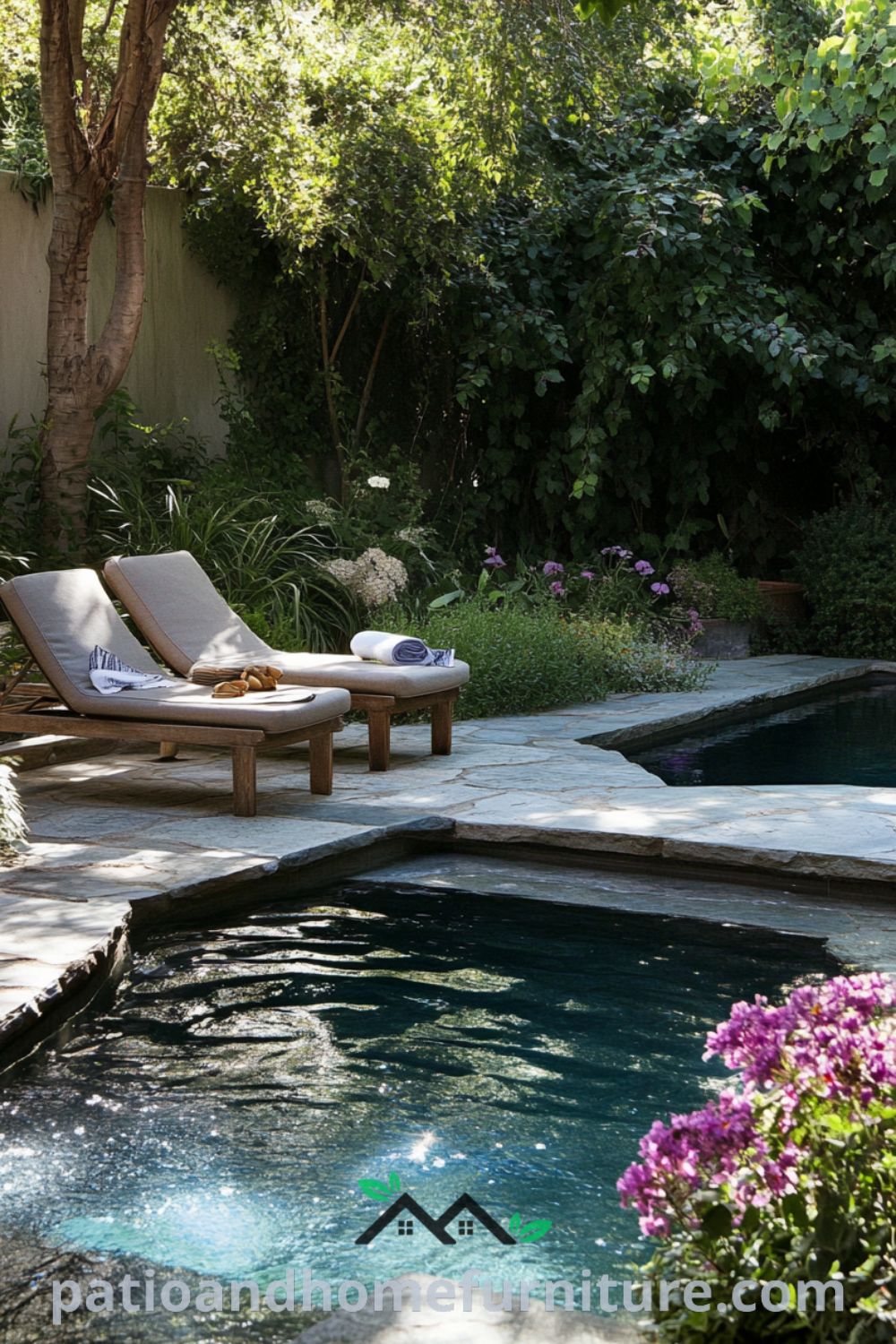 Small backyard pool glimmering under the sun, surrounded by flagstone paths and vibrant flowering plants, with weathered lounge chairs and a towel, creating a serene oasis perfect for summer relaxation - fireplacesandwoodstoves.com.