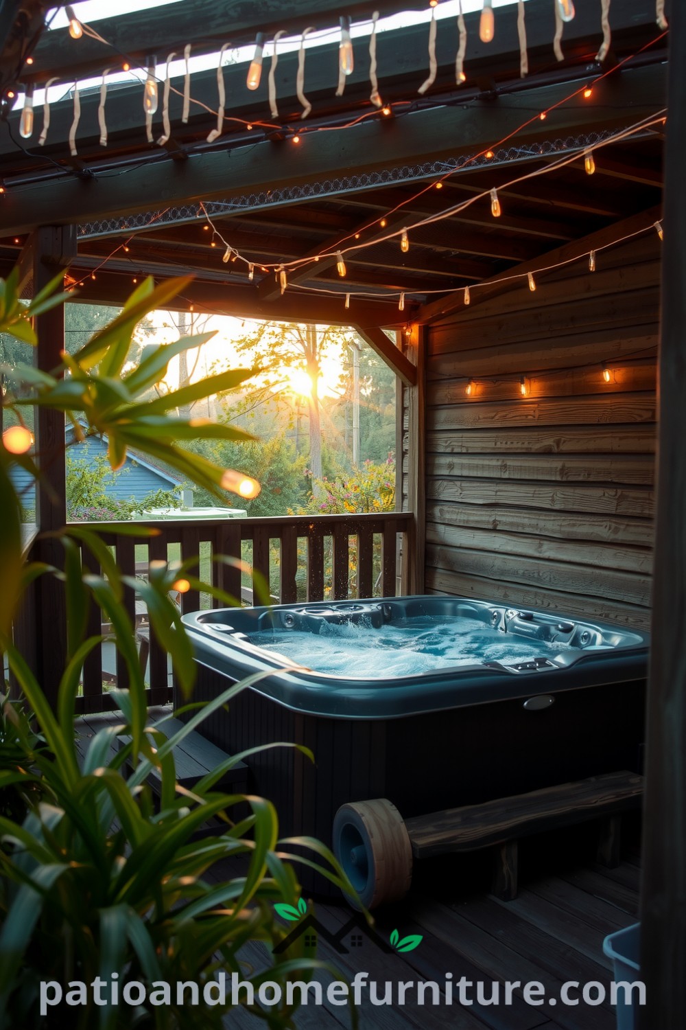 Hot tub on a wooden patio beneath twinkling fairy lights, surrounded by rustic decor, creating a cozy and inviting atmosphere for relaxation and unwinding, featured on fireplacesandwoodstoves.com.