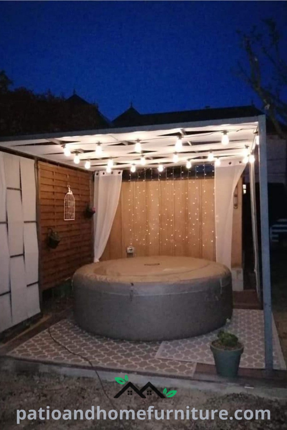 Outdoor hot tub in a yard at night with soft lights, creating a cozy and inviting atmosphere perfect for relaxation and gatherings, featuring landscaping and decor ideas from wellnesswink.com.