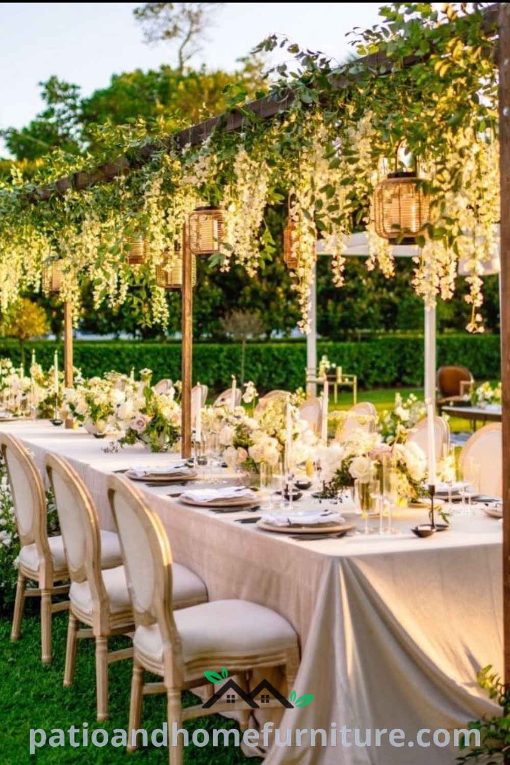 Long table set for an outdoor wedding reception with white flowers and greenery under a pergola, creating a cozy and inspiring atmosphere for a backyard event, featuring decor inspirations from wellnesswink.com.