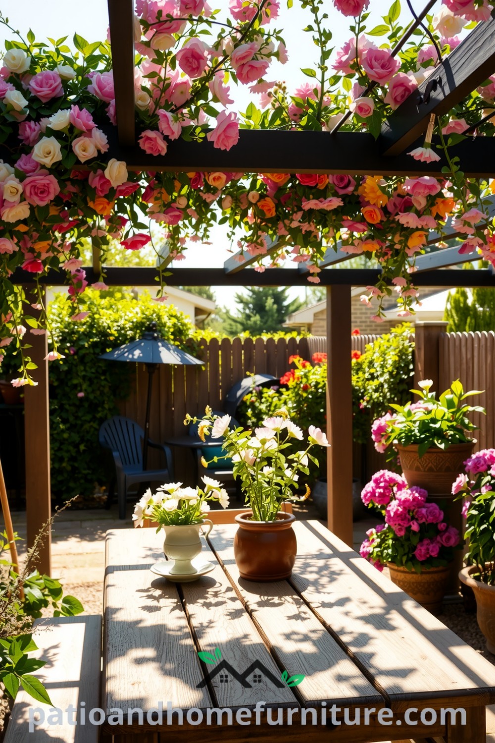 Floral vinyl pergola framing a vibrant outdoor area with cascading blooms, sunlight filtering through the flowers, and a weathered wooden table below, perfect for gatherings, featured at fireplacesandwoodstoves.com.