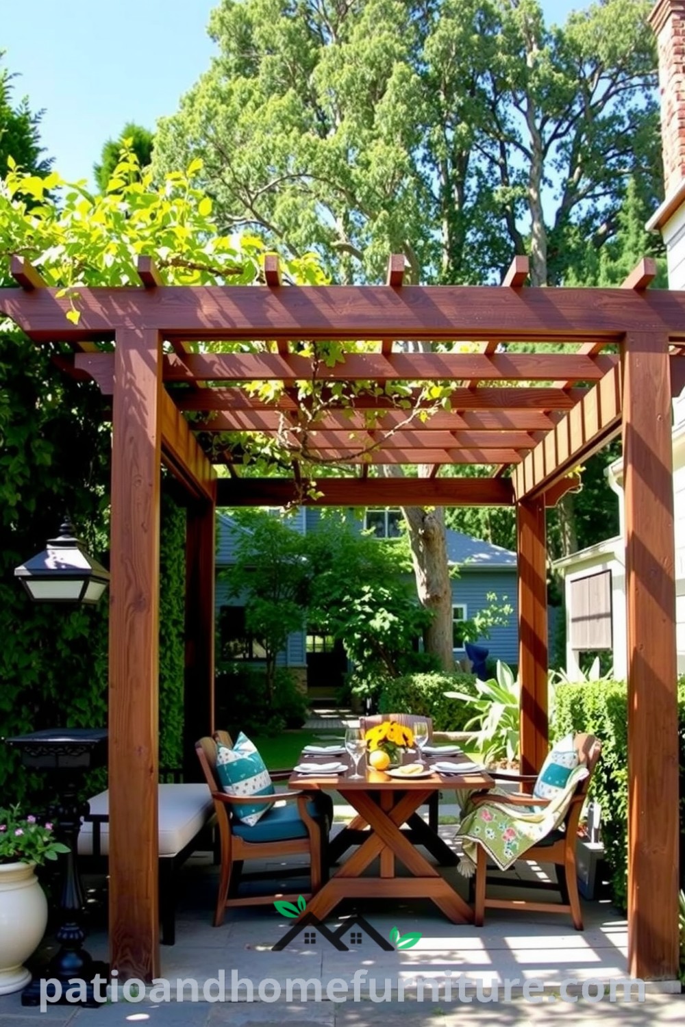 A classic wooden pergola adorned with climbing vines in a vibrant garden, featuring a rustic wooden table set for an al fresco meal, creating a cozy and inviting atmosphere ideal for outdoor gatherings. Visit fireplacesandwoodstoves.com for unique decor inspirations.