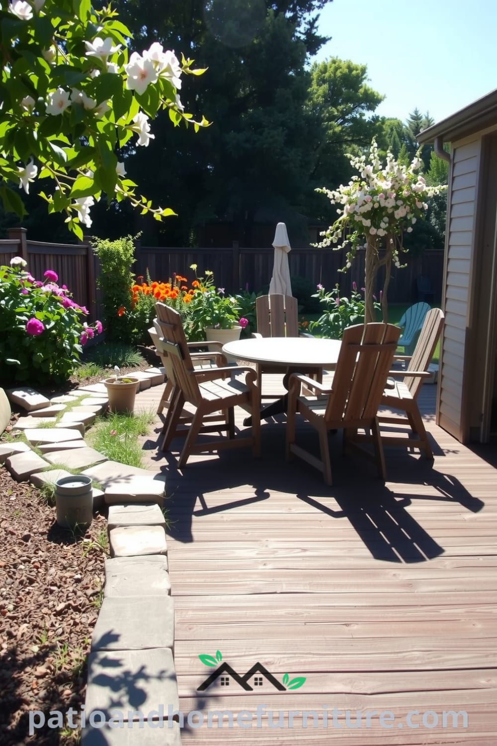 Charming backyard scene with a wooden deck, weathered stone path, rustic chairs surrounding a sturdy table, and a vibrant flower garden, creating cozy ideas for your home at fireplacesandwoodstoves.com.