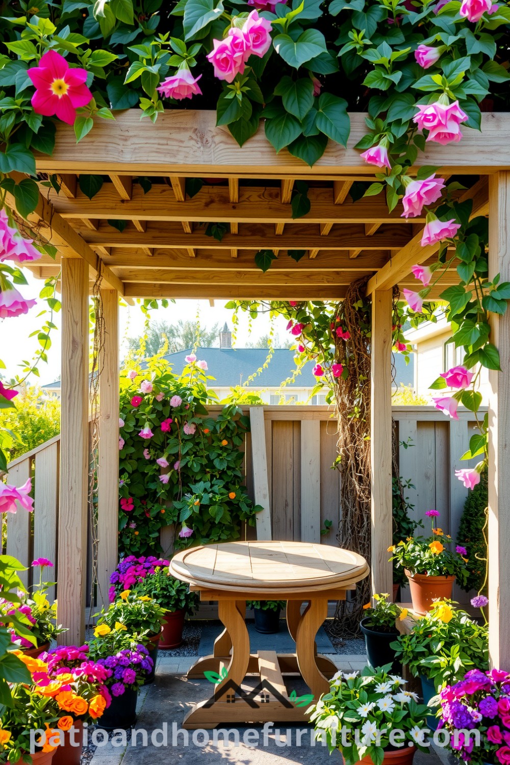 Vibrant outdoor pergola covered in climbing vines and surrounded by colorful potted flowers, creating a cozy retreat for gatherings, with sunlight filtering through leaves, perfect for inspiring decor ideas for your home. Visit fireplacesandwoodstoves.com for unique ideas.