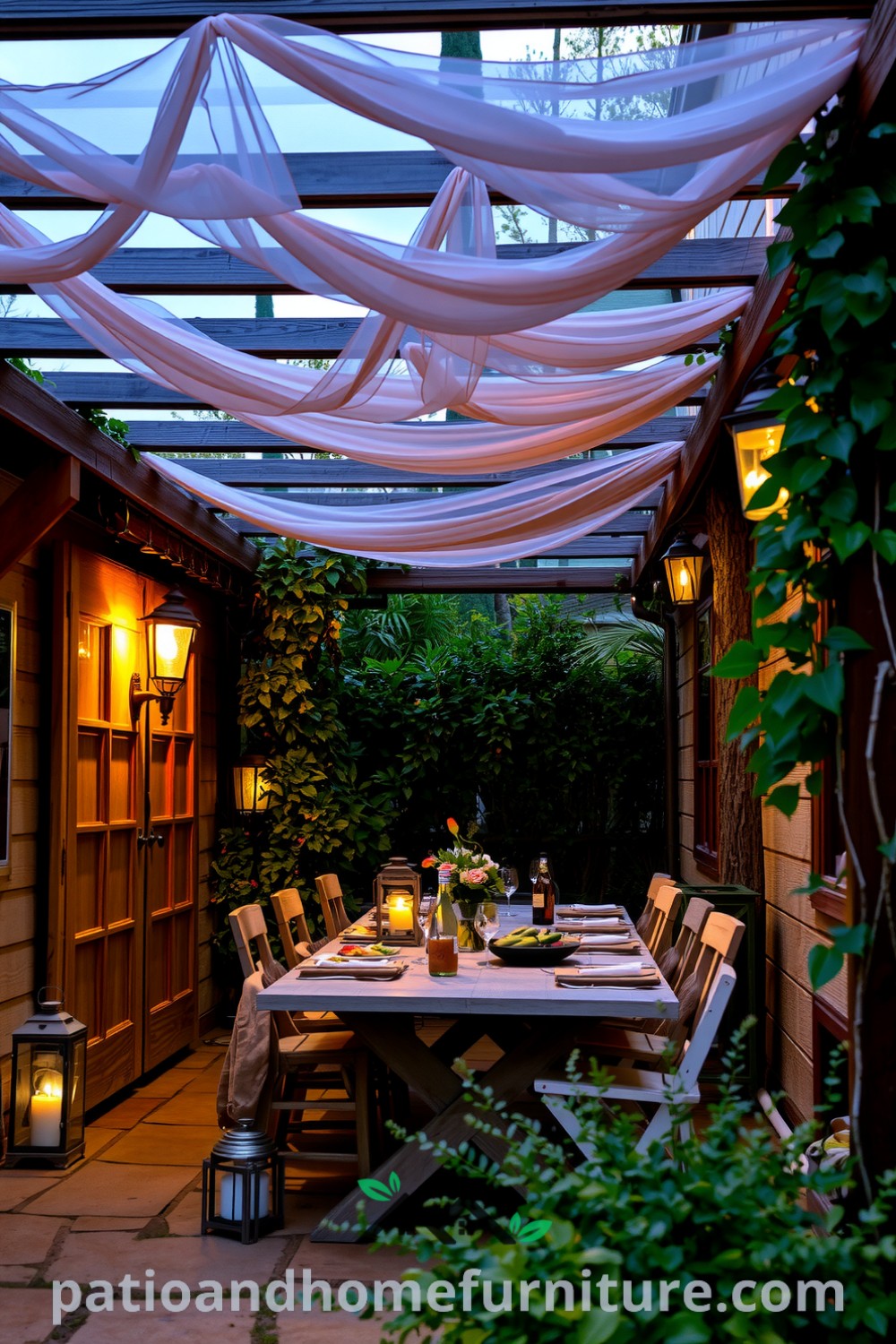 Outdoor dining space with a wooden pergola adorned with climbing vines, featuring a rustic wooden table and mismatched chairs, lanterns for ambiance, and the aroma of grilled vegetables, showcasing cozy ideas and unique decor inspirations for your home on fireplacesandwoodstoves.com.