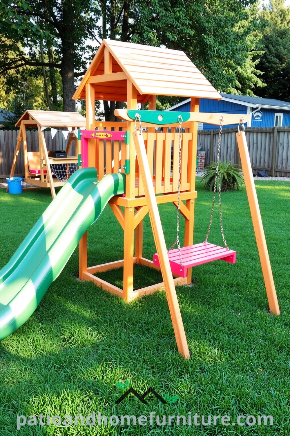 Multi-Activity Play Center in a backyard with green grass, featuring a wooden climbing structure, slide, and swing set, creating a joyful atmosphere for children to play, ideal for family time and outdoor fun, from fireplacesandwoodstoves.com.