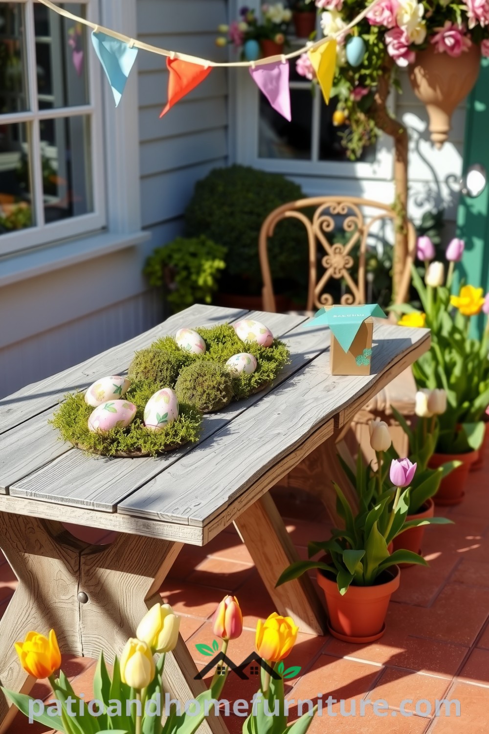 Colorful Easter patio decor with hand-painted eggs, lush green moss, bright bunting, and potted tulips creating a vibrant and inviting atmosphere, ideal for inspiring unique ideas and decor inspirations for your home at fireplacesandwoodstoves.com.