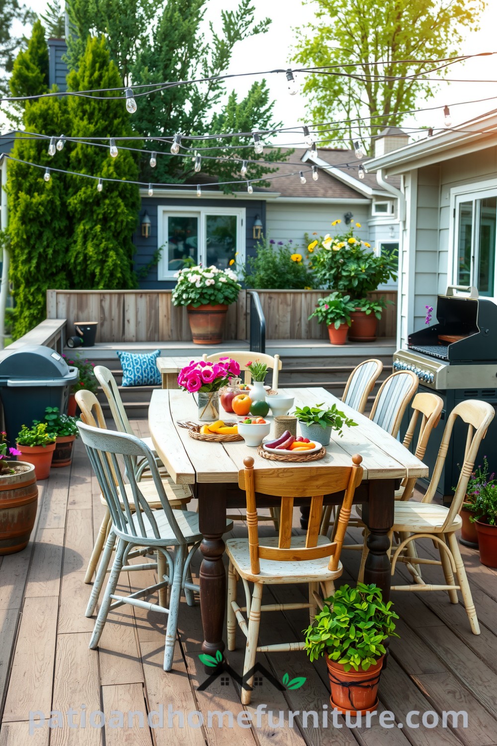 Cozy backyard dining area with a weathered wooden deck, mismatched chairs, vibrant potted plants, and string lights creating an inviting atmosphere for outdoor gatherings, featuring ideas for your home and unique decor inspirations. Visit fireplacesandwoodstoves.com for more ideas.