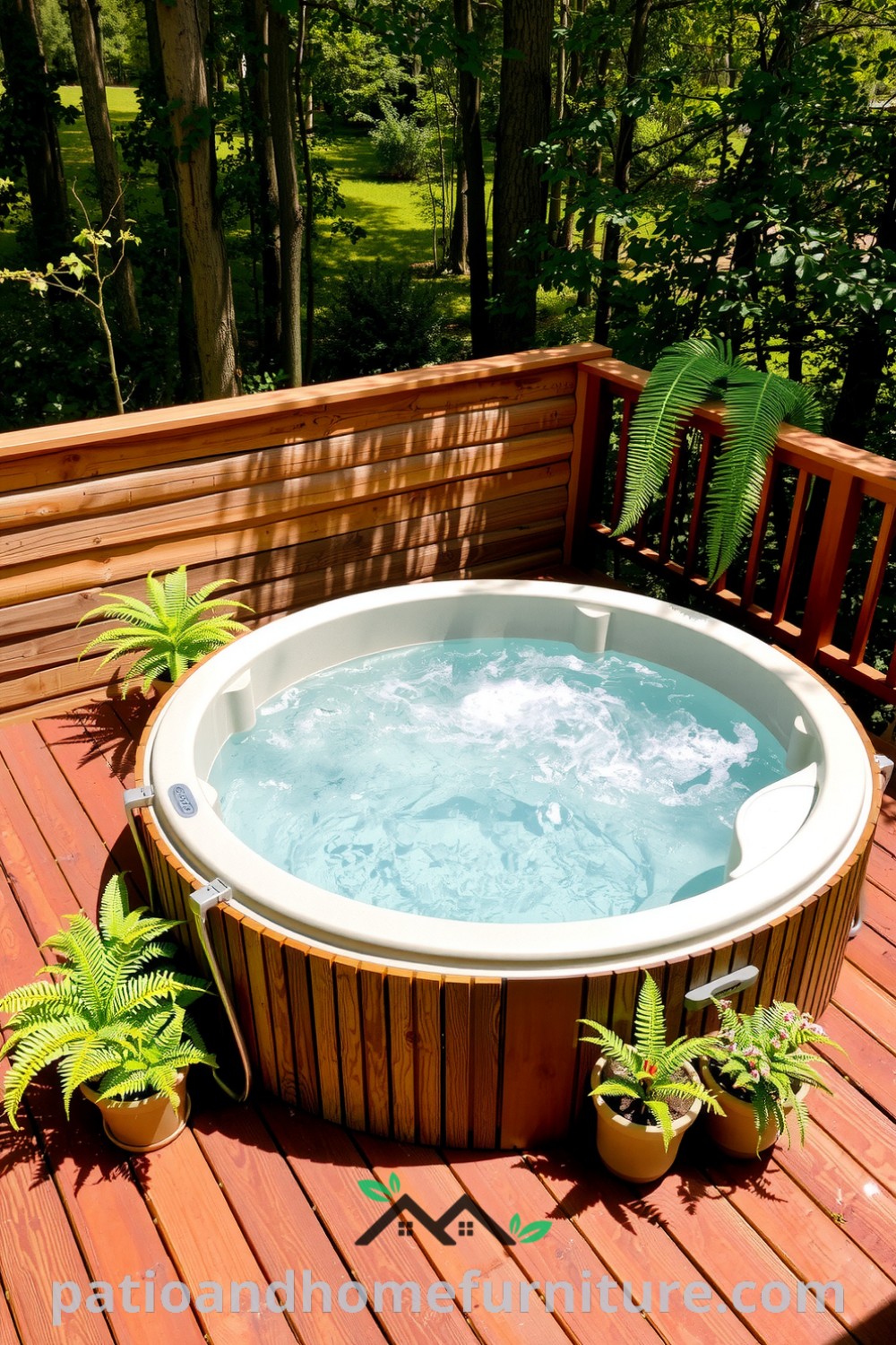Deck-integrated hot tub on a wooden deck, surrounded by ferns and potted plants, with sunlight filtering through trees, creating an inviting outdoor oasis, perfect for cozy moments. Visit fireplacesandwoodstoves.com for inspiring decor ideas.