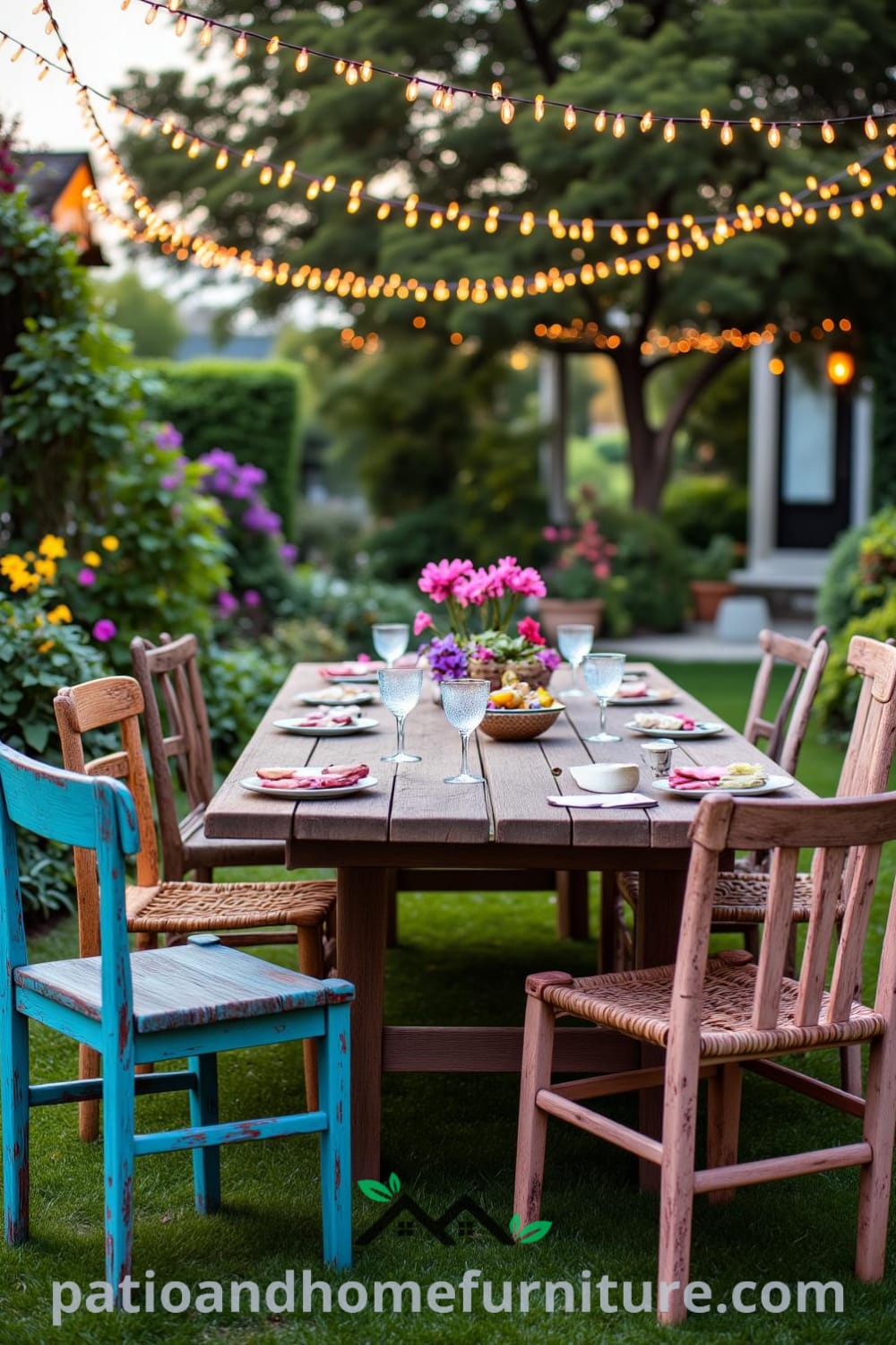 Cozy backyard dining scene with a rustic wooden table and mismatched chairs surrounded by vibrant blooms and twinkling string lights, creating an inviting space for evening meals under the stars at fireplacesandwoodstoves.com.