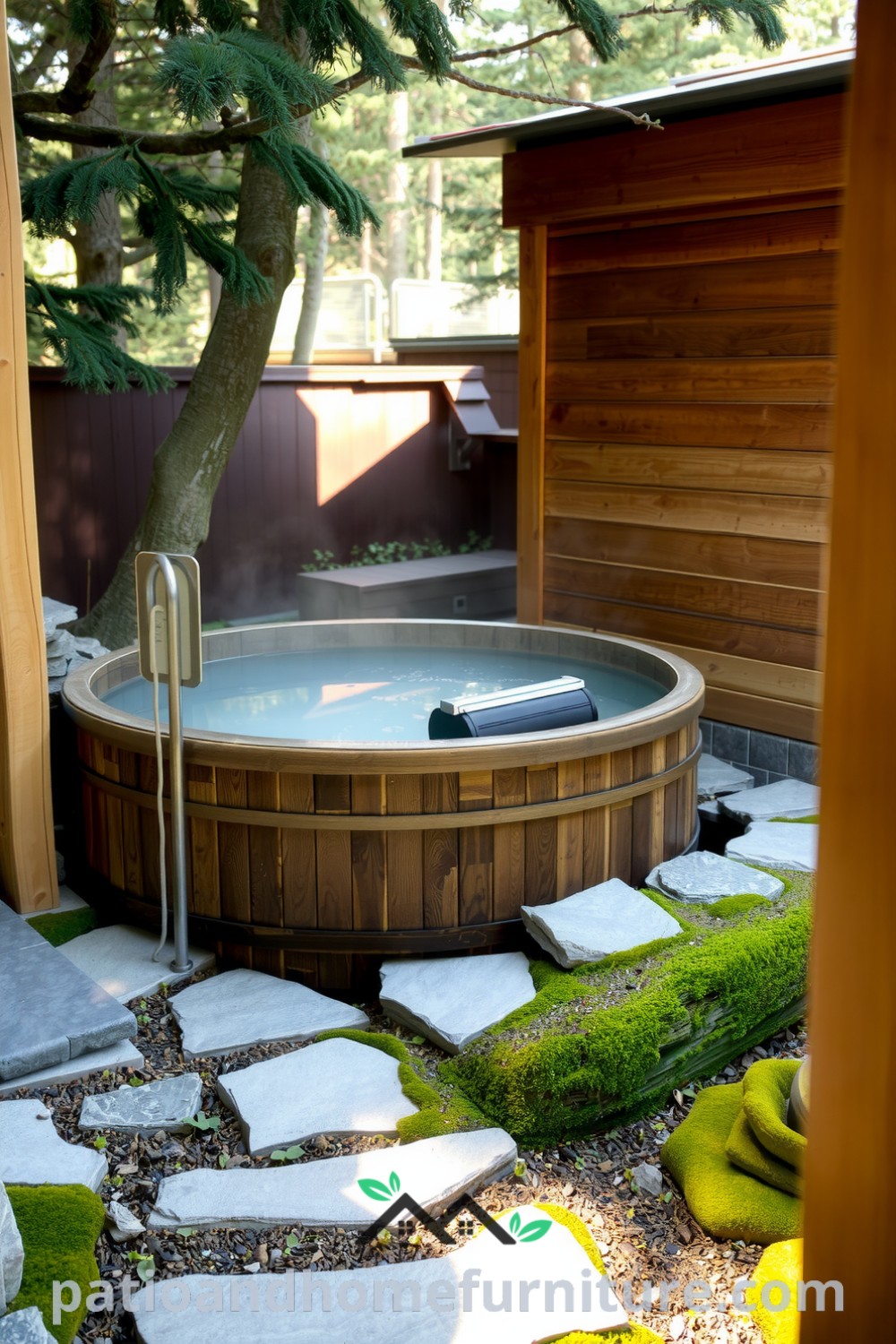 Japanese soaking hot tub made of natural wood, surrounded by smooth stones and moss in a serene outdoor setting, with rising steam and the scent of pine, offering cozy ideas for your home at fireplacesandwoodstoves.com.