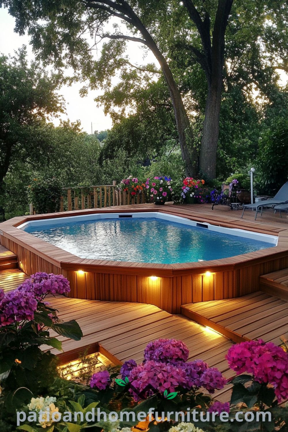 Elegant above ground pool oasis with wooden deck and lush greenery, showcased on patioandhomefurniture.com, featuring affordable pool ideas, serene backyard designs, and inspiring outdoor decor.