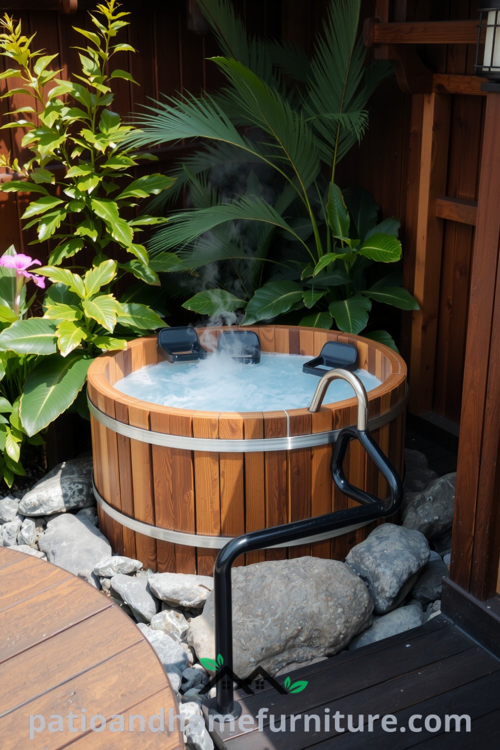 Japanese soaking hot tub on a wooden deck surrounded by smooth stones and vibrant greenery, creating a cozy and tranquil atmosphere, perfect for relaxation, featured on fireplacesandwoodstoves.com.