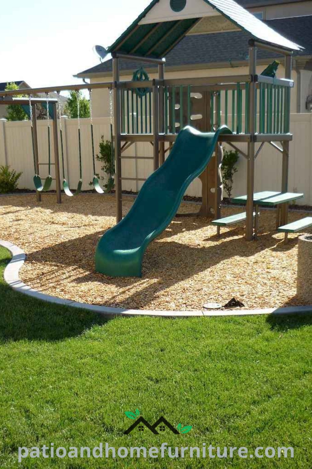 Backyard playground featuring colorful swings and slides surrounded by lush landscaping, offering a fun and safe play space for children, perfect for family enjoyment. For more cozy ideas, visit wellnesswink.com.