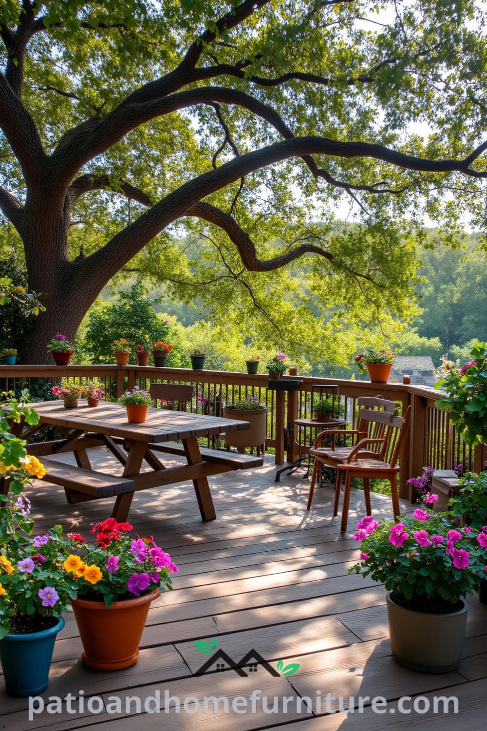 Backyard scene showcasing a large oak tree with fluttering leaves, a rustic wooden deck, colorful potted plants attracting hummingbirds, and a welcoming picnic table setup, highlighting cozy ideas and decor inspirations for tranquil outdoor spaces on fireplacesandwoodstoves.com.