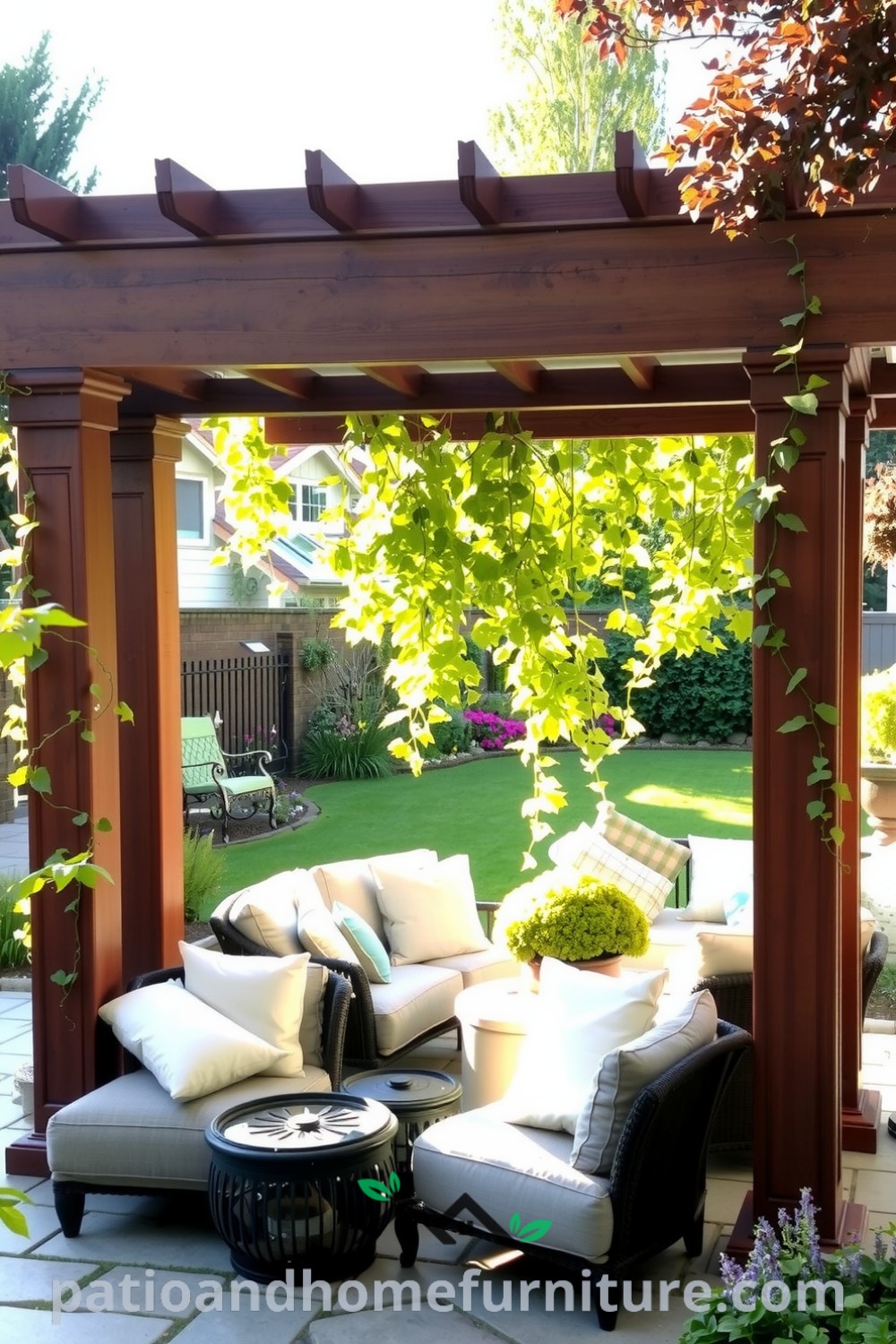 Wooden pergola in a garden adorned with climbing vines, creating dappled shade over rustic furniture and soft cushions, offering a cozy outdoor retreat ideal for gatherings, featured at fireplacesandwoodstoves.com.