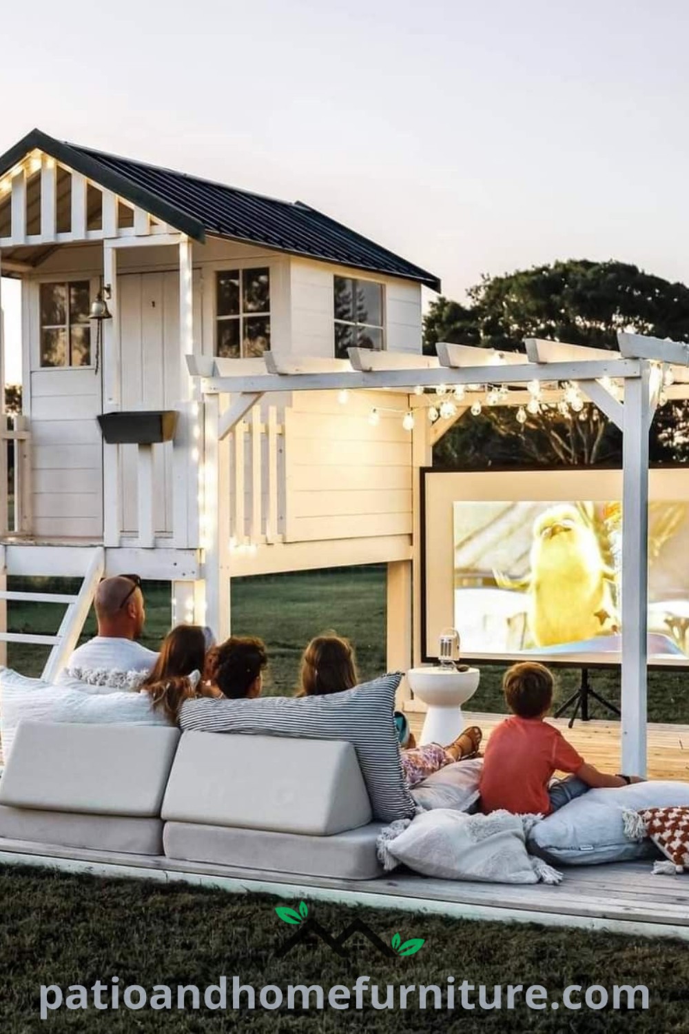 Cozy kids playground area featuring four children enjoying time on a couch, surrounded by colorful playhouses and kid-friendly structures, creating an inviting outdoor space for playful adventures, wellnesswink.com.