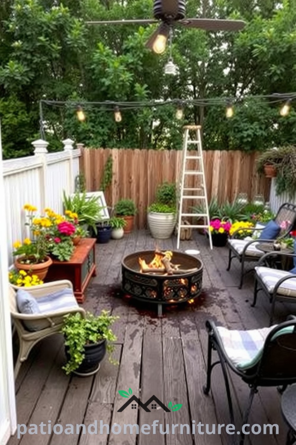 Cozy backyard oasis with a wooden deck, potted herbs and colorful flowers, a rustic fire pit, mismatched seating, and twinkling string lights, creating an inviting space for relaxation and connection. Visit fireplacesandwoodstoves.com for more unique decor ideas.