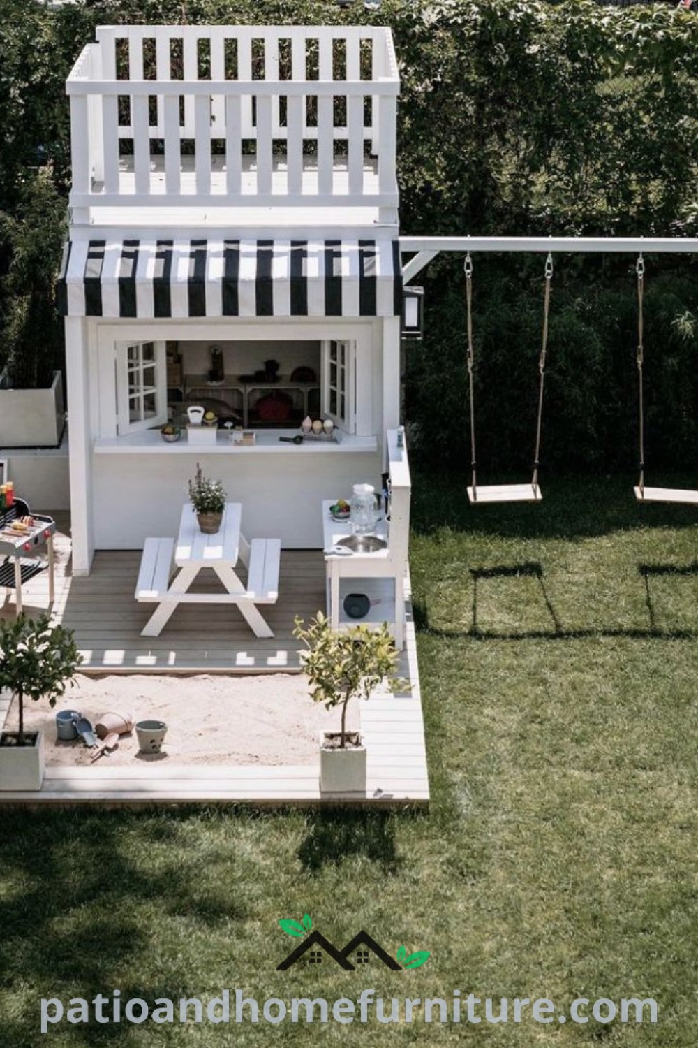 Aerial view of a cozy backyard play area with a swing set, table and chairs, showcasing joyful outdoor spaces for kids, featuring inspiring decor ideas for creating a fun and inviting atmosphere at home, wellnesswink.com.