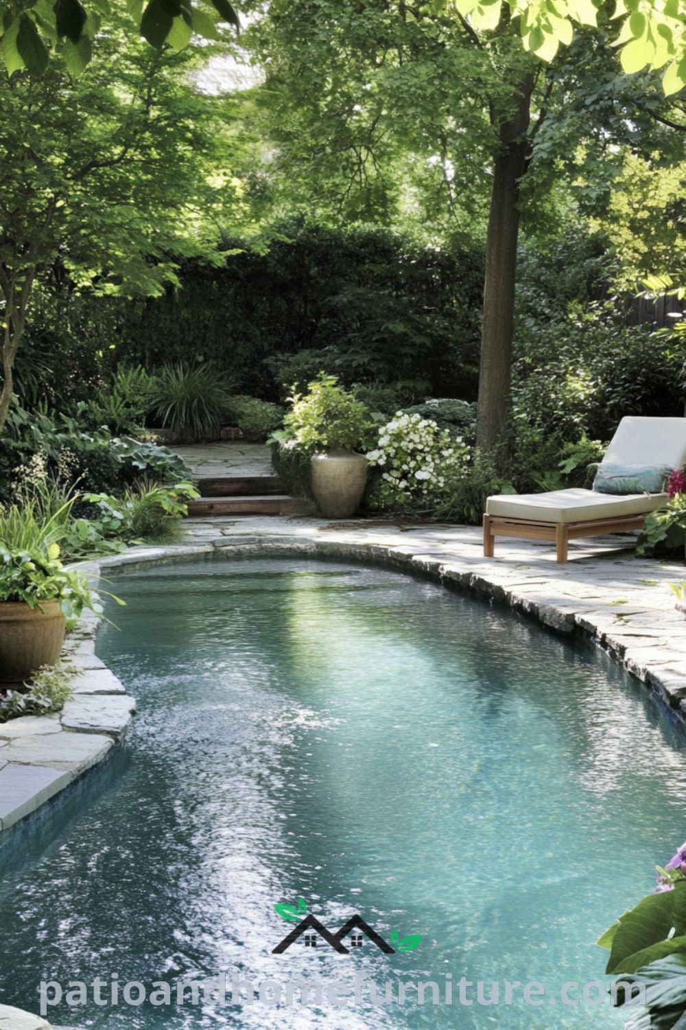 Backyard oasis featuring a shimmering pool surrounded by weather-worn stones and lush potted plants, with a rustic wooden lounger nearby, creating a serene and inviting outdoor space; ideal decor inspiration for your home at fireplacesandwoodstoves.com.