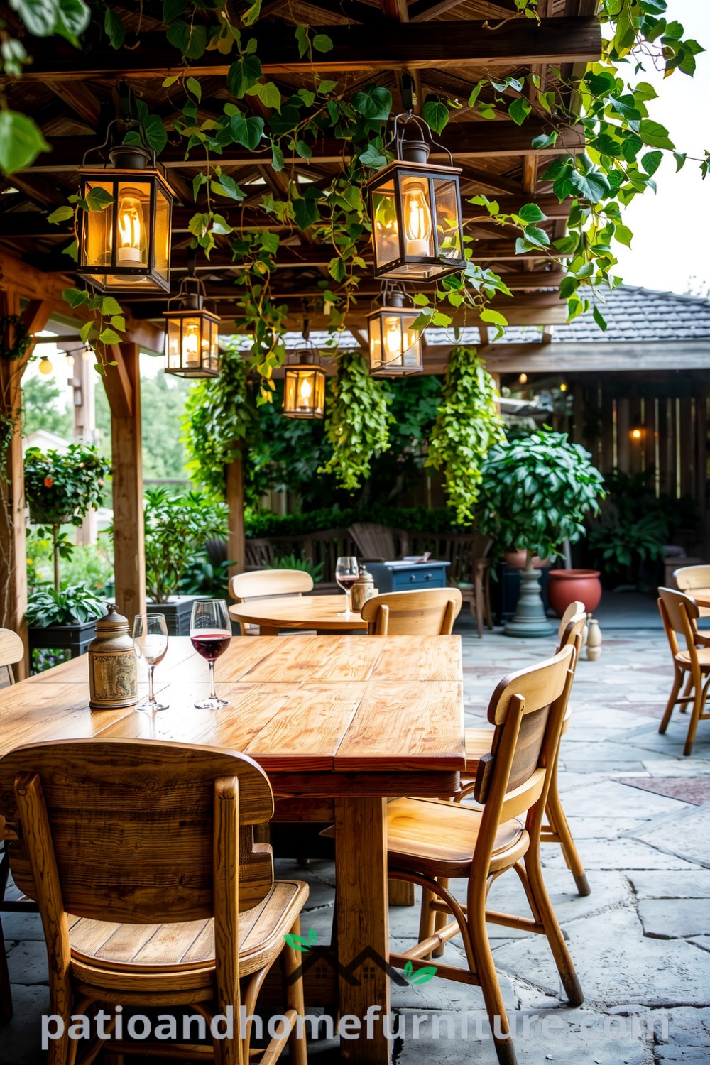 Cozy outdoor dining area with a wooden pergola, weathered teak tables, mismatched chairs, and glowing lanterns, creating an inviting atmosphere for evening gatherings, featuring inspiring decor ideas from fireplacesandwoodstoves.com.