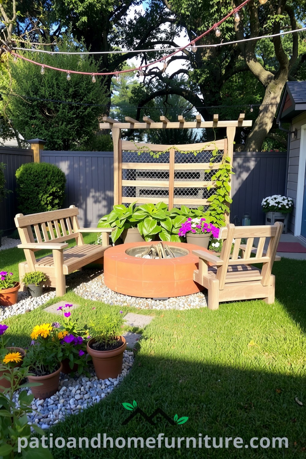 Cozy backyard retreat with rustic wooden benches, a stone fire pit, potted herbs, and blooming flowers under string lights, creating inviting decor ideas for your home at fireplacesandwoodstoves.com.