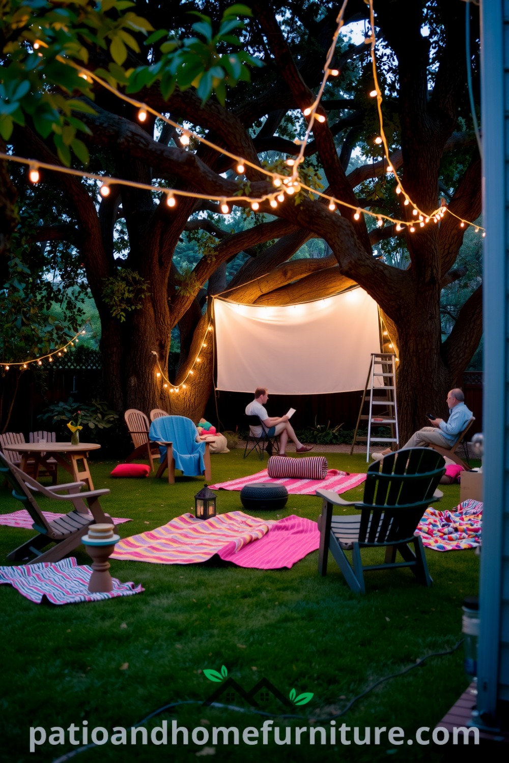 Cozy outdoor movie night setup featuring a projector casting films onto a screen between oak trees, surrounded by mismatched chairs and colorful blankets on the grass, with fairy lights overhead, creating an inviting atmosphere for friends and family at fireplacesandwoodstoves.com.