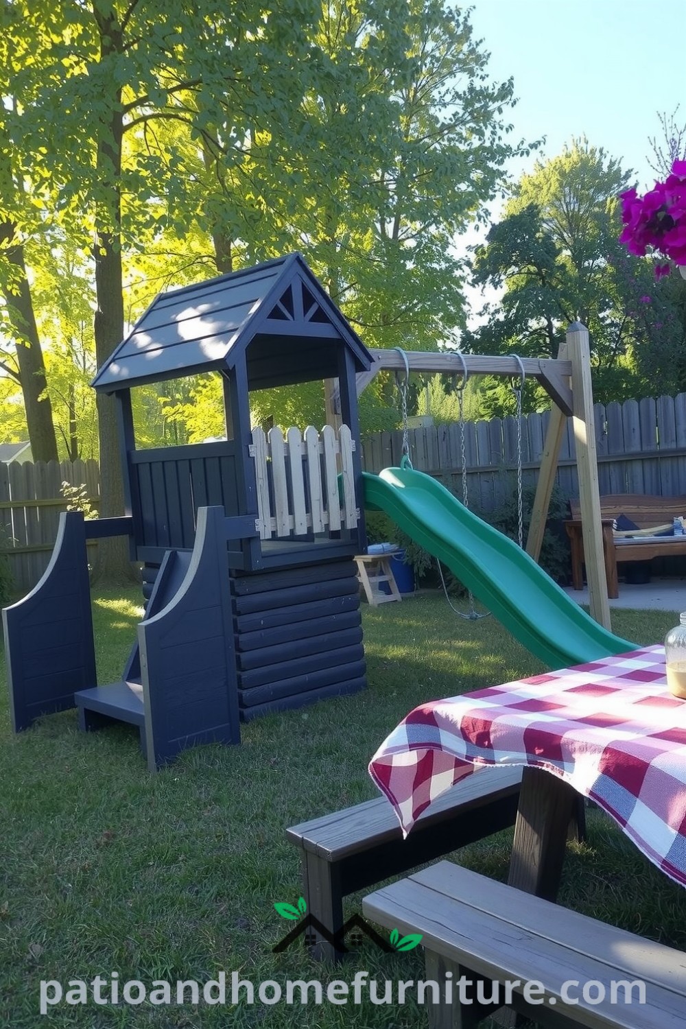 A cozy backyard playground featuring a classic wooden playset with swings and a slide, surrounded by trees and a picnic table draped in a checkered cloth, creating an inviting atmosphere for family fun and outdoor relaxation, offering unique cozy ideas for your home at fireplacesandwoodstoves.com.