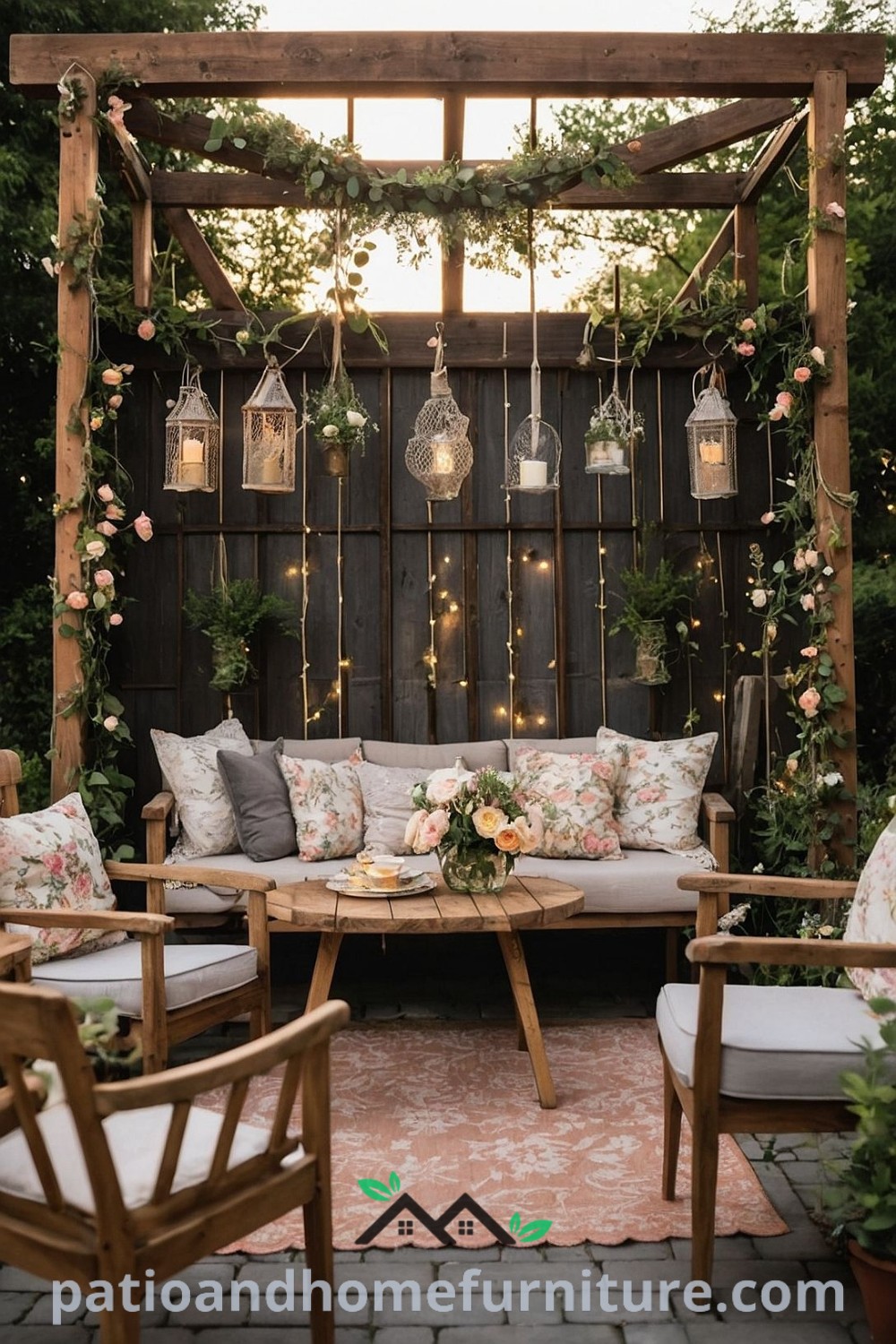 Cozy outdoor seating area with vibrant flowers and greenery hanging from a pergola, creating a whimsical retreat ideal for outdoor gatherings, featured on wellnesswink.com.