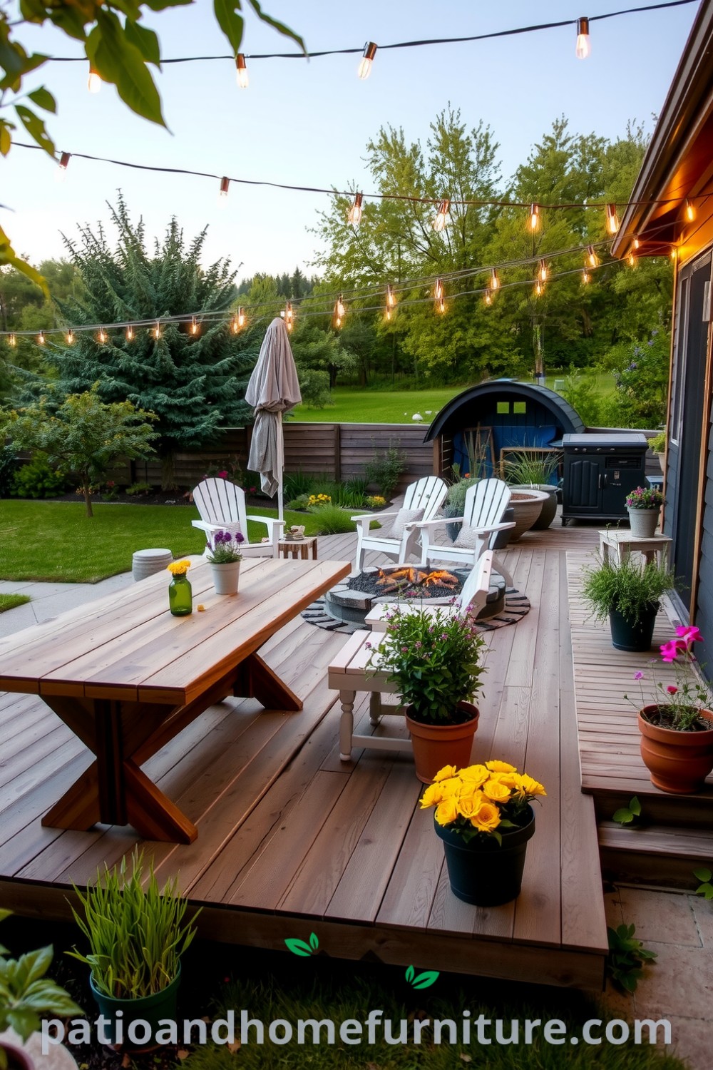 Backyard scene showcasing a weathered wooden deck, rustic dining table, cozy fire pit with mismatched chairs, and lush greenery with flower beds, perfect for creating a charming outdoor retreat and inspirations for your home from fireplacesandwoodstoves.com.