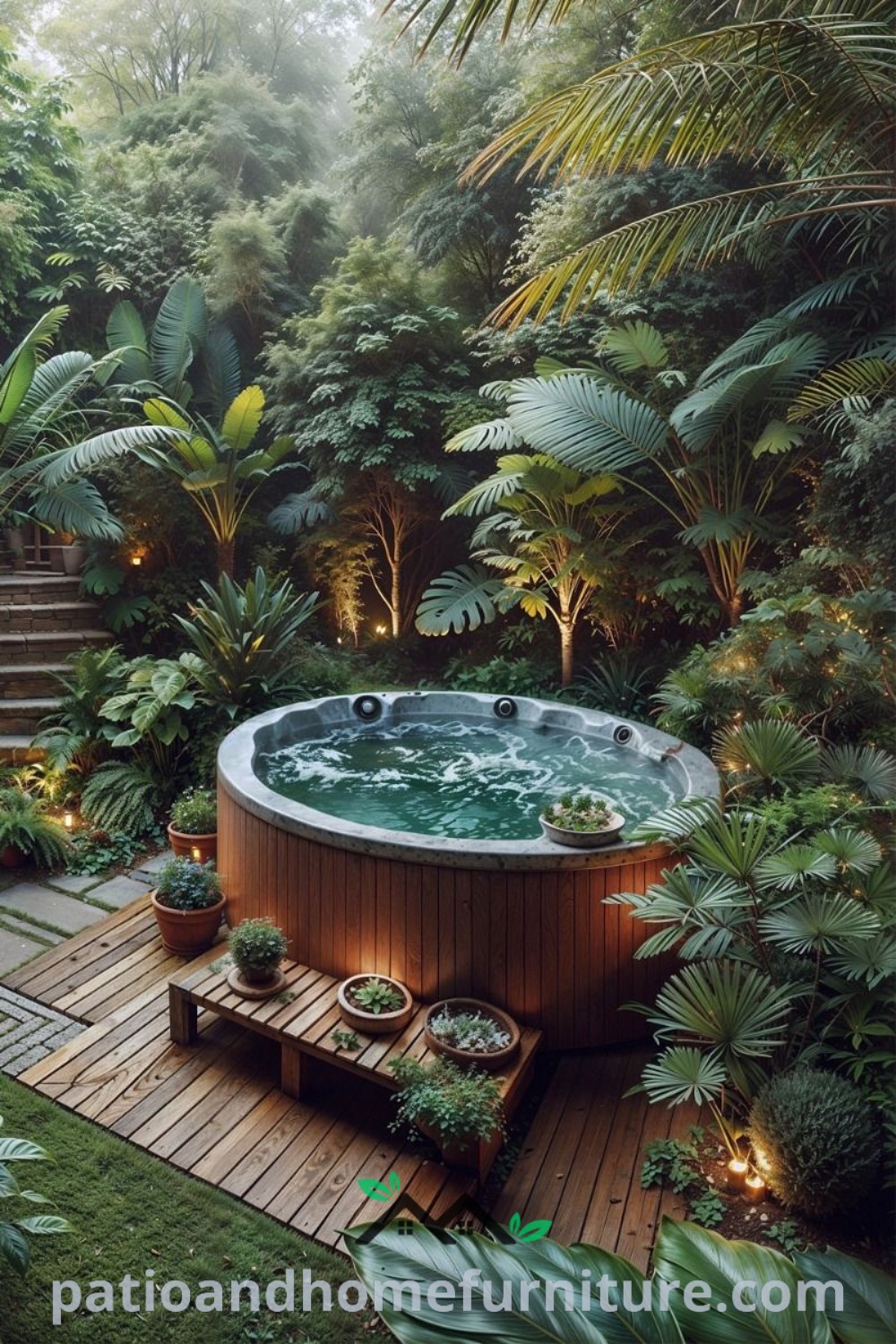 Cozy outdoor hot tub nestled in a lush garden with greenery and twinkling lights, featuring design ideas that create an inviting retreat for relaxation and outdoor gatherings. Visit wellnesswink.com for unique decor inspirations and cozy home ideas.