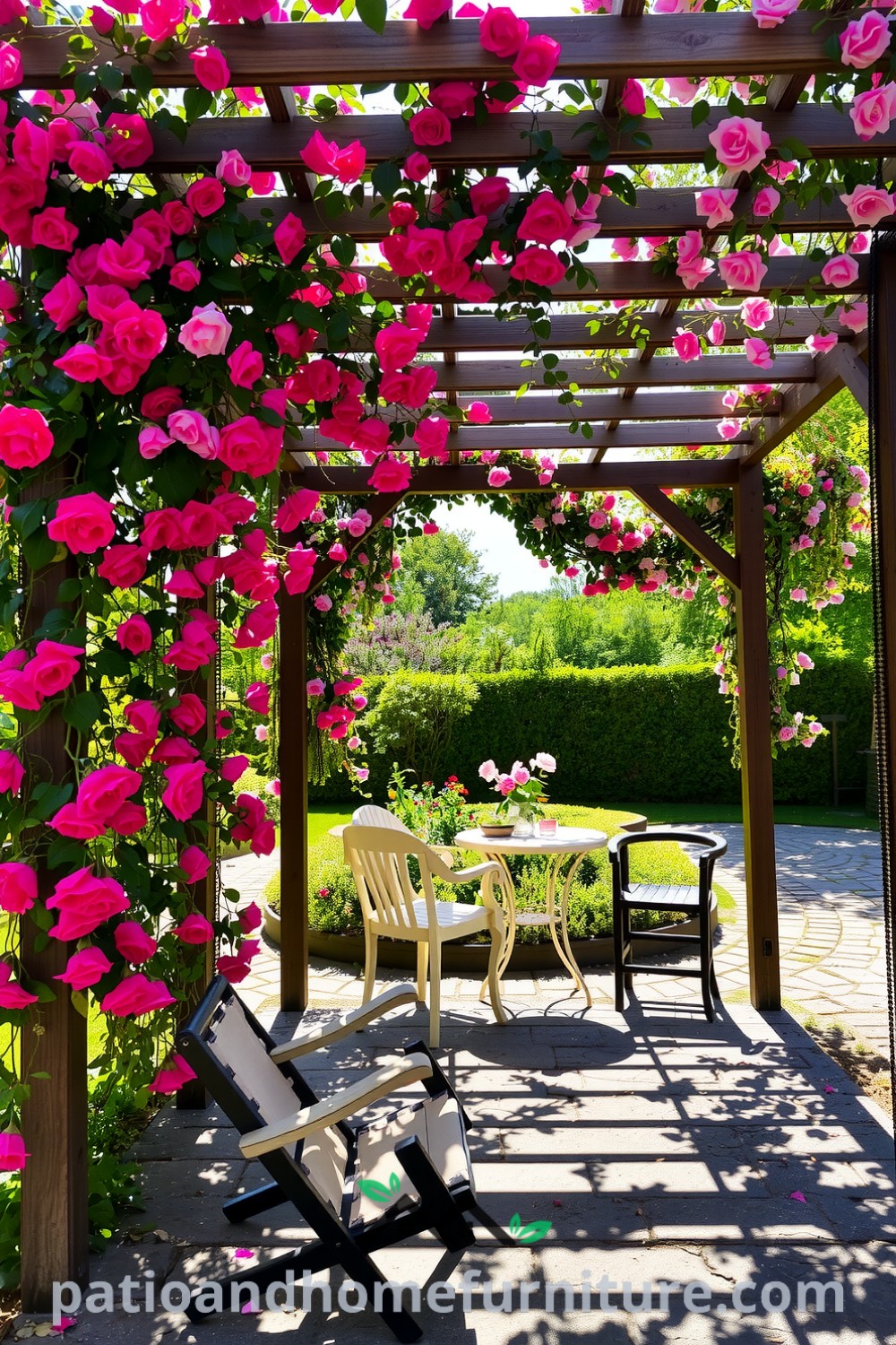 Floral pergola entwined with vibrant climbing roses and jasmine in a sunlit garden, featuring a cozy seating area with mismatched chairs on a stone path, creating unique ideas for your home and inspiring decor inspirations at fireplacesandwoodstoves.com.
