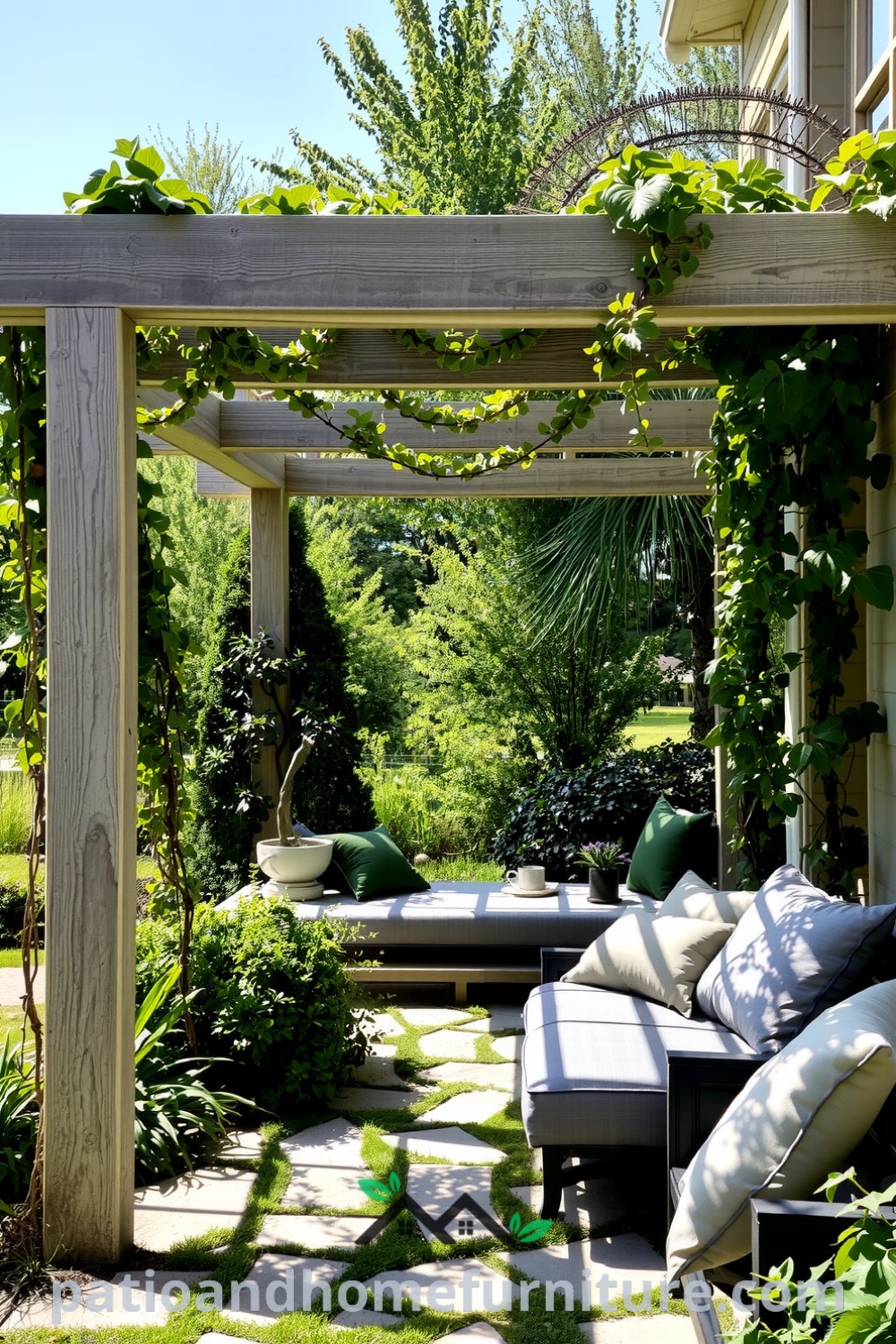 Freestanding pergola in a lush garden with weathered wooden beams and climbing vines, featuring oversized cushions inviting relaxation, showcasing cozy decor ideas that inspire a tranquil and inviting outdoor space perfect for enjoying serene moments, as seen on fireplacesandwoodstoves.com.