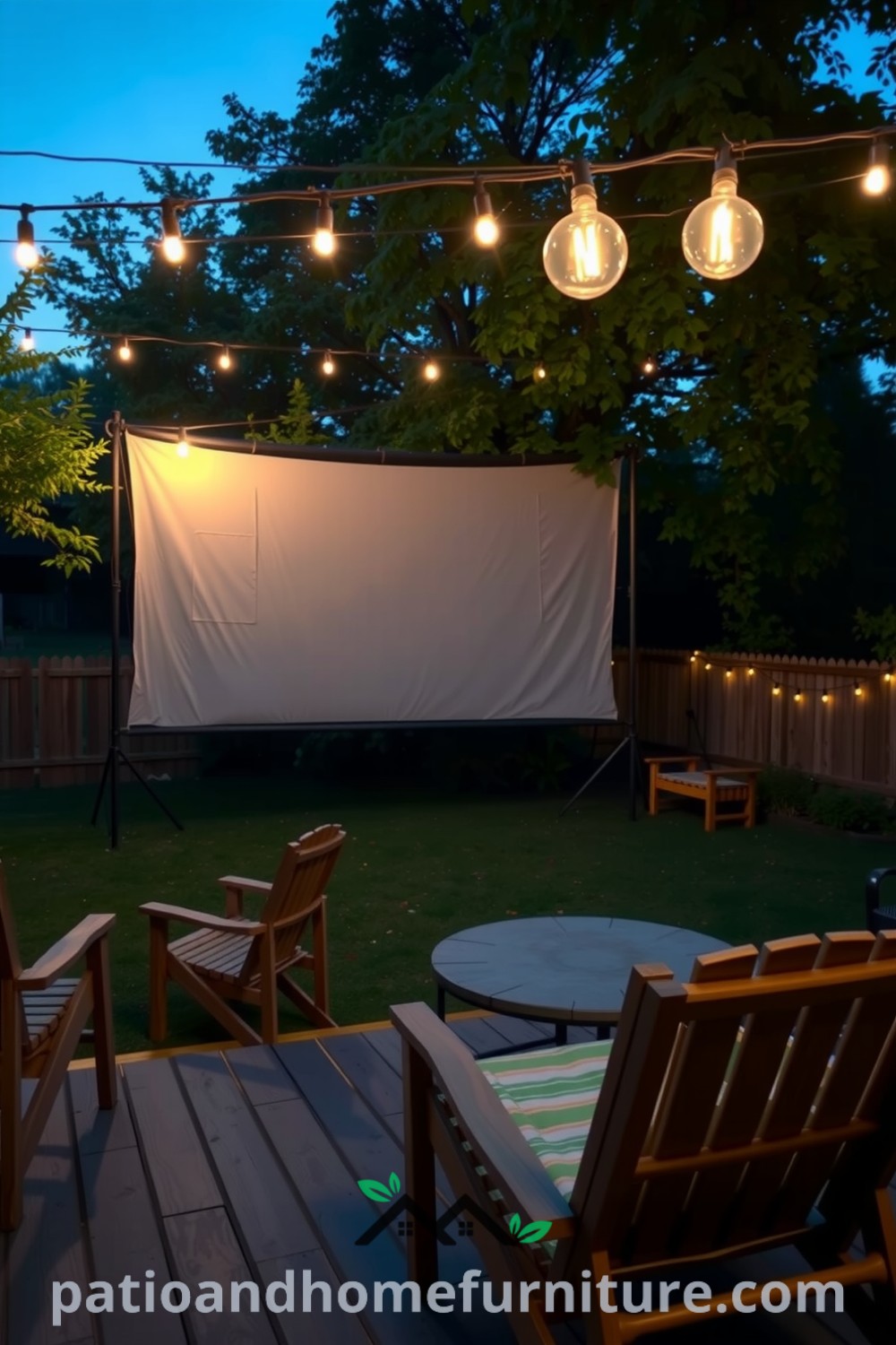 Cozy outdoor cinema setup with a large screen framed by greenery, string lights overhead, mismatched lounge chairs on a wooden deck, inviting atmosphere for a movie night, featuring cozy ideas from fireplacesandwoodstoves.com.