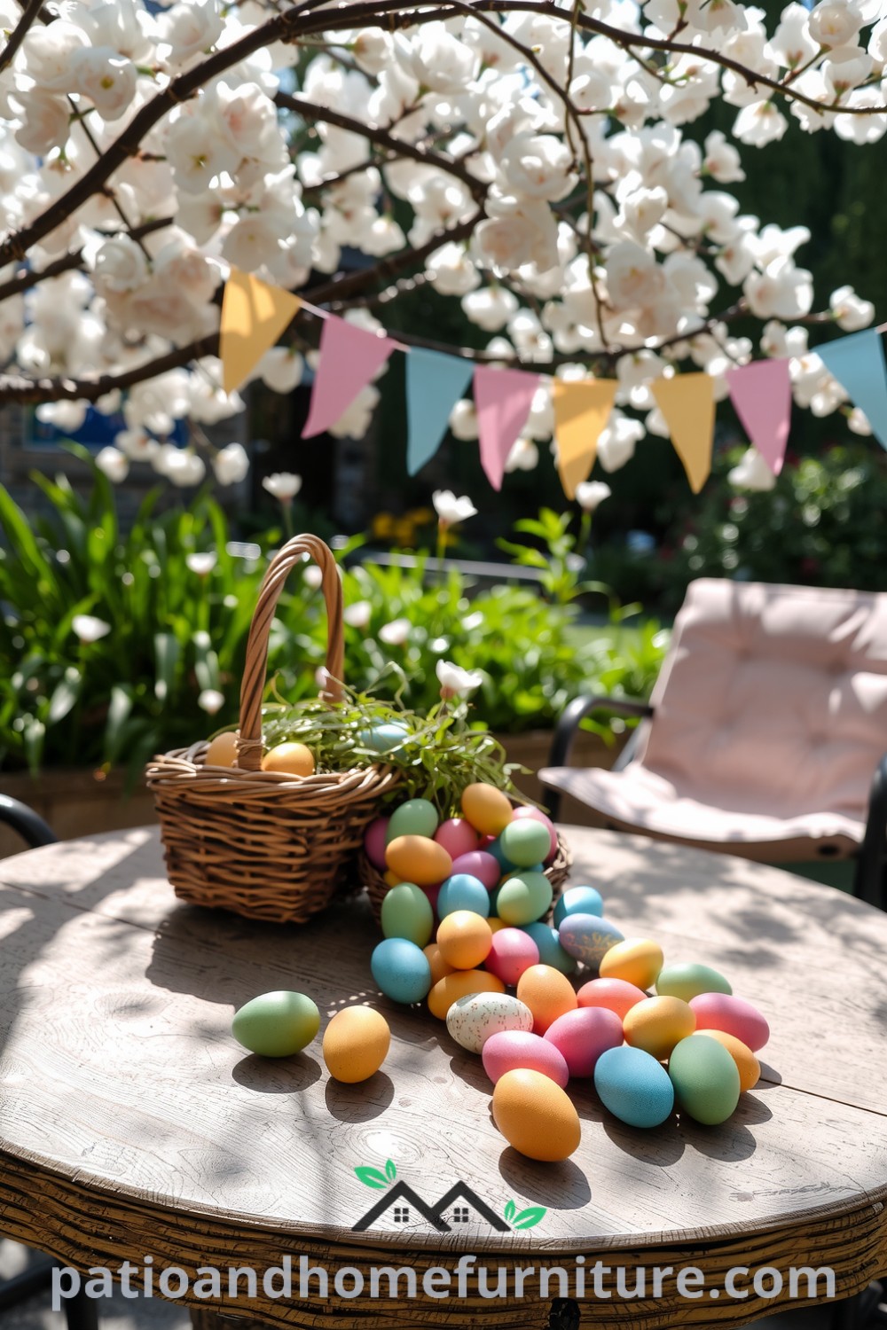 A cozy patio setup showcasing colorful Easter eggs spilling from a wicker basket on a weathered wood table, surrounded by blooming cherry blossoms and pastel bunting, featuring comfortable chairs that create an inviting space for gatherings, perfect for spring celebrations. Visit fireplacesandwoodstoves.com for more cozy home decor ideas.