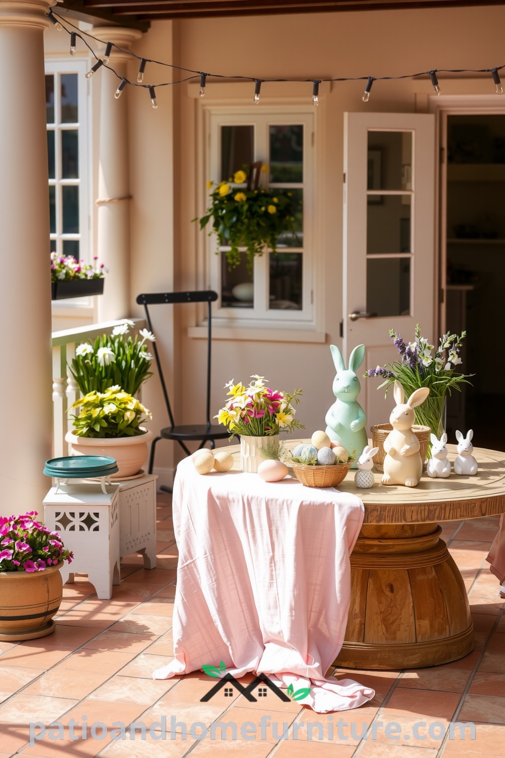 Sunlit patio decorated for Easter with pastel planters filled with flowers, rustic wooden table featuring hand-painted eggs and bunnies, and fairy lights creating a cozy atmosphere for family gatherings. Find more cozy decor ideas at fireplacesandwoodstoves.com.