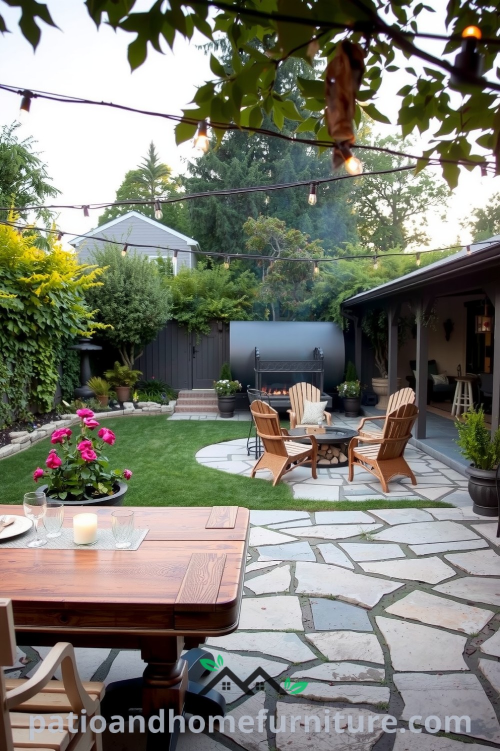 Cozy backyard with a stone patio, lush greenery, and a weathered wooden table set for dinner, illuminated by string lights, alongside a rustic fire pit surrounded by mismatched chairs, offering warm design ideas for outdoor gatherings at fireplacesandwoodstoves.com.
