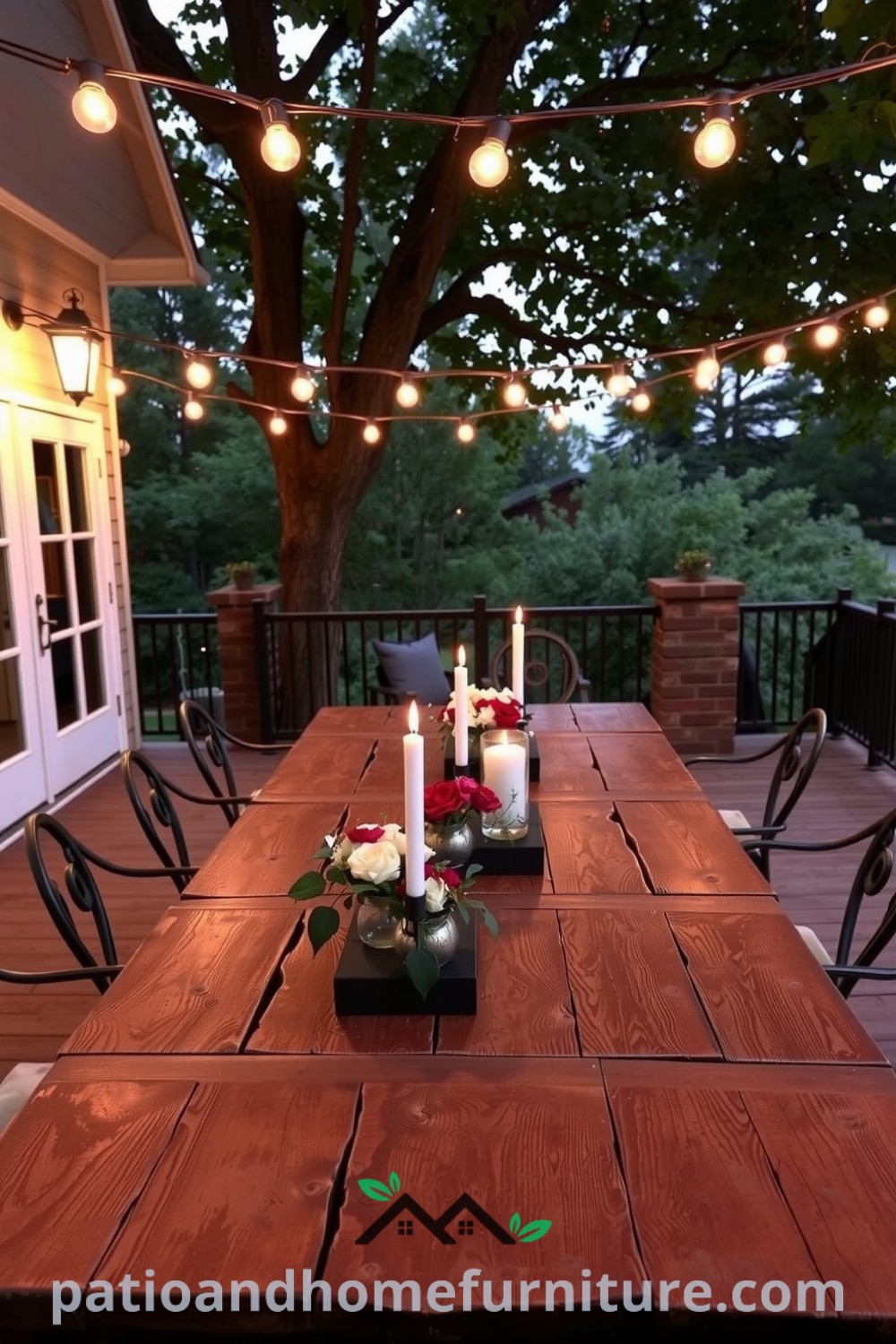 Elegant outdoor patio featuring a weathered wooden table surrounded by wrought iron chairs, adorned with candles and floral centerpieces, illuminated by string lights, creating a cozy dining atmosphere perfect for gatherings. Visit fireplacesandwoodstoves.com for more cozy home design ideas.