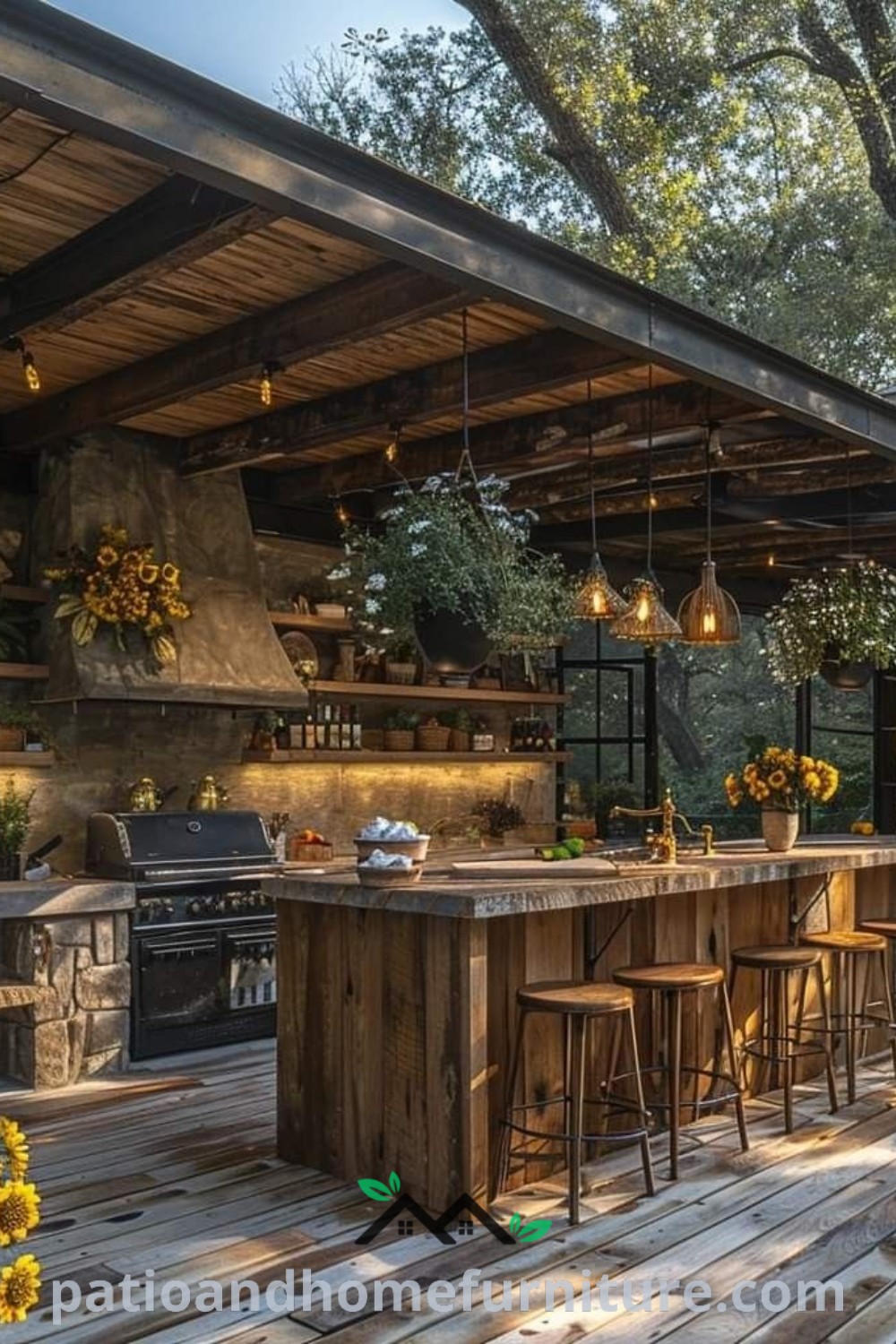 Outdoors kitchen and dining area showcasing wood flooring, stone walls, and ceiling beams, designed for cozy outdoor cooking and dining experiences, featuring unique decor inspirations to enhance your home, as seen on wellnesswink.com.