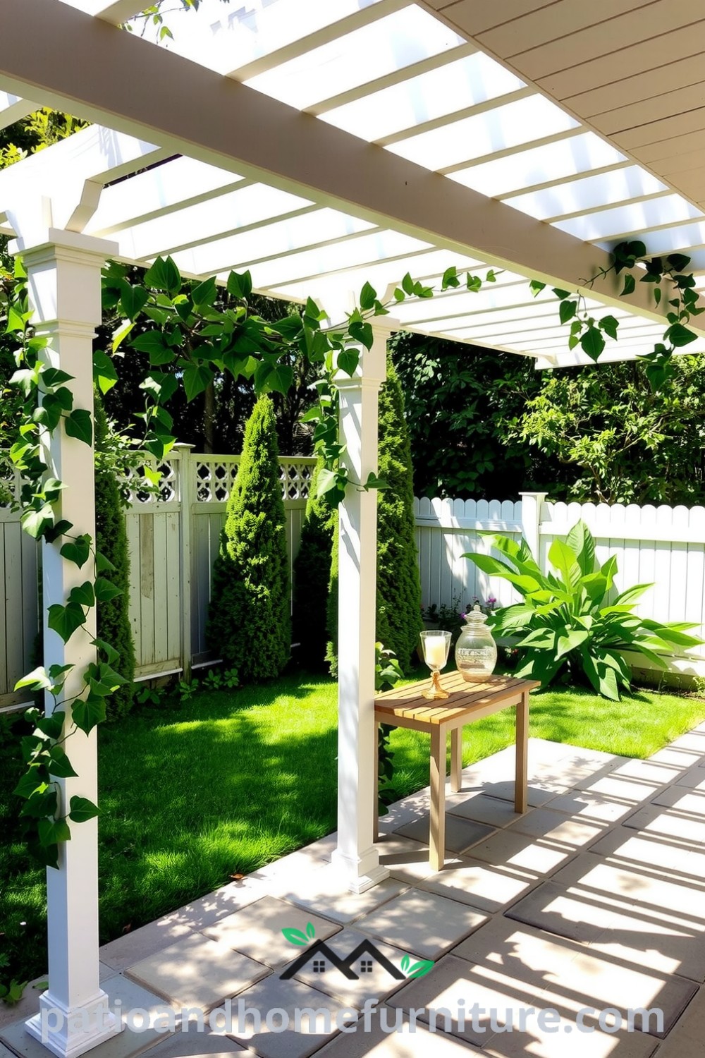 Vinyl pergola in a backyard adorned with climbing ivy and sunlight casting shadows on a stone patio, showcasing cozy ideas and decor inspirations for creating an inviting outdoor retreat at fireplacesandwoodstoves.com.