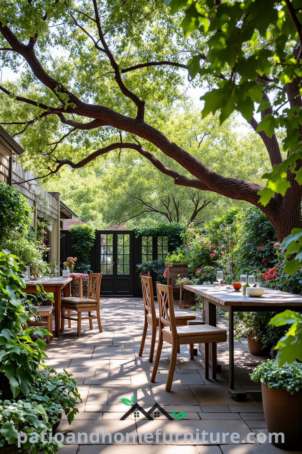 Cozy backyard retreat with a wooden deck under an oak tree, surrounded by mismatched chairs, a rustic table, fairy lights, and lush potted plants, offering unique design ideas for your home. Visit fireplacesandwoodstoves.com for more decor inspirations.