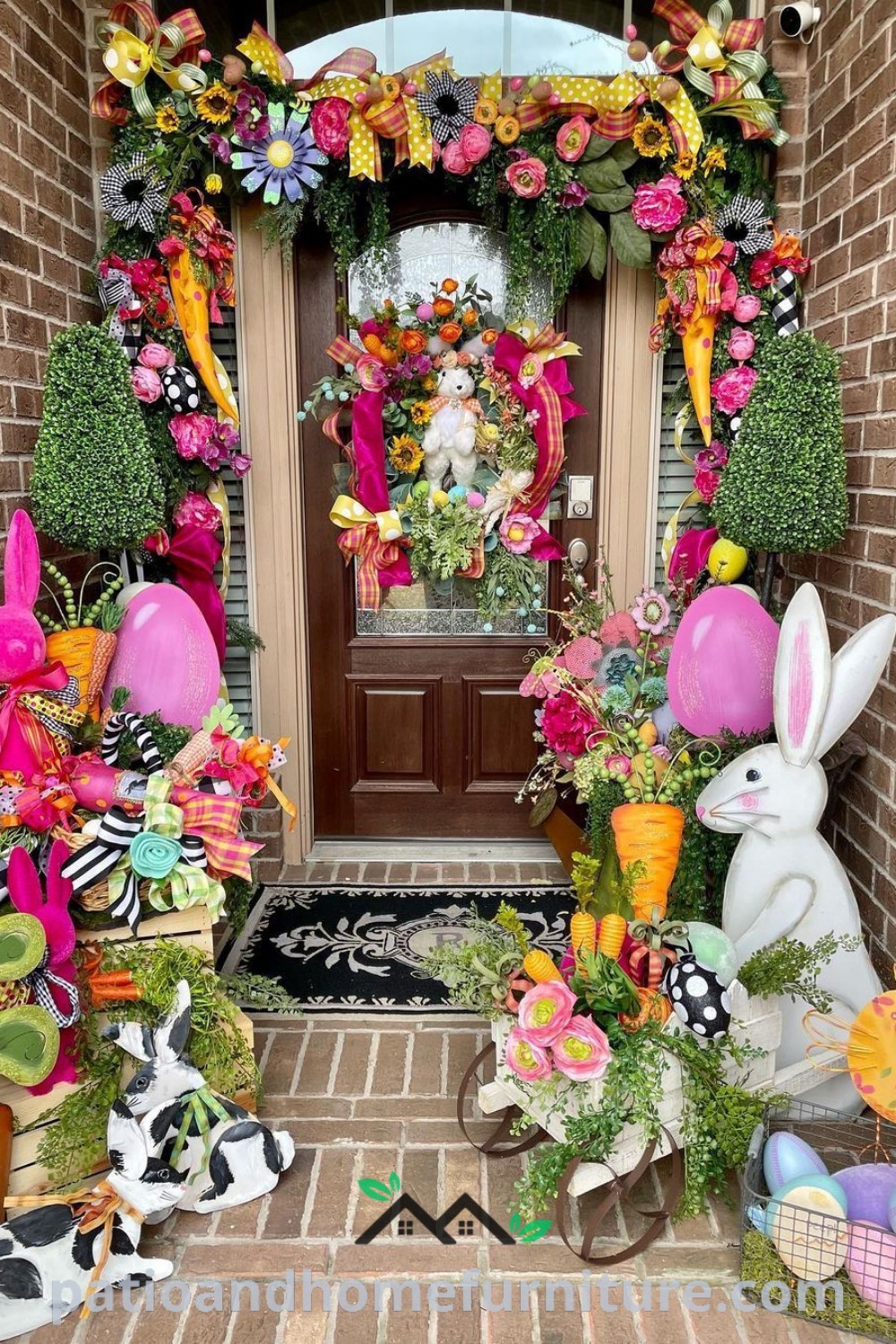 Cheerful Easter entrance decorated with colorful wreaths, bunny figurines, and fresh flowers, showcasing unique ideas for cozy home designs that brighten the spring season. Visit wellnesswink.com for more decor inspirations.