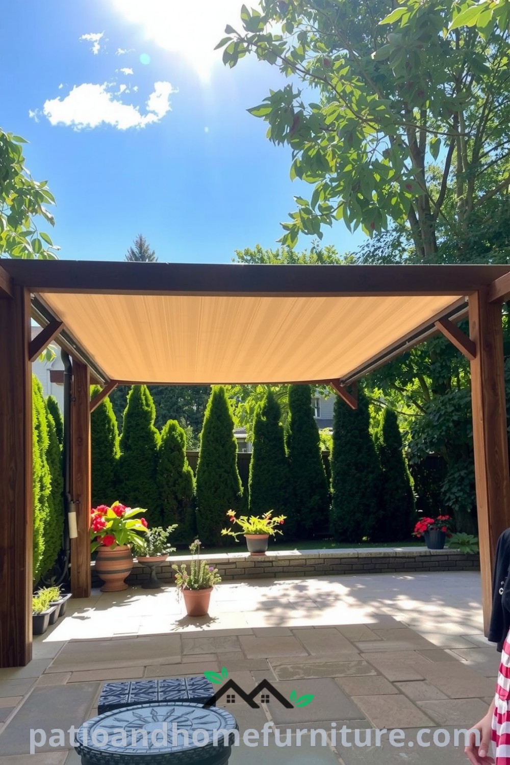 Retractable canopy pergola in a backyard with weathered wooden beams, lush greenery, sunlight filtering through fabric, dappled patterns on stone patio, and colorful potted plants, showcasing cozy ideas for home decor inspirations from fireplacesandwoodstoves.com.